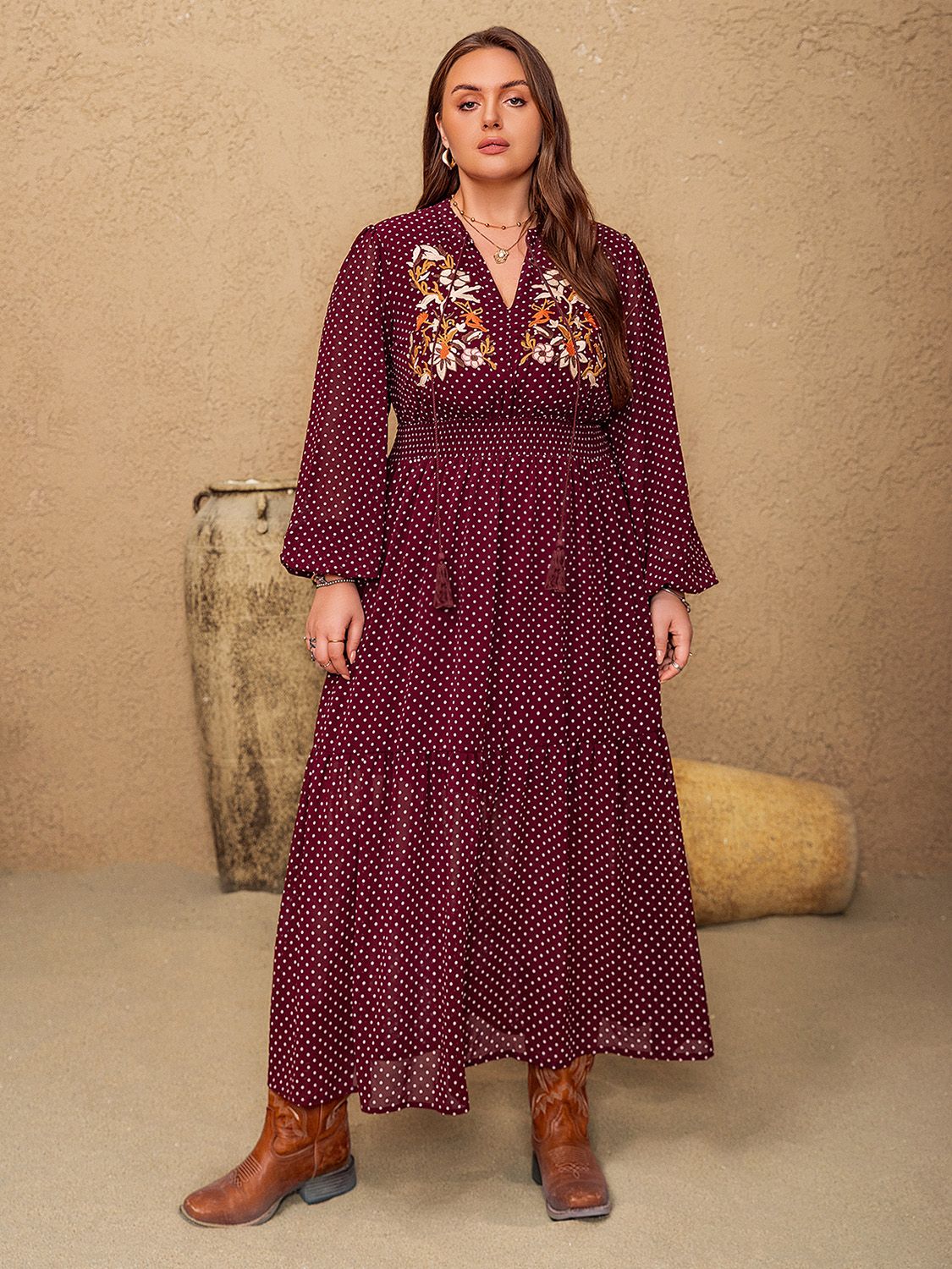 Beach Rose Co. - Plus Size Tassel Tie Neck Long Sleeve Maxi Dress in Burgundy