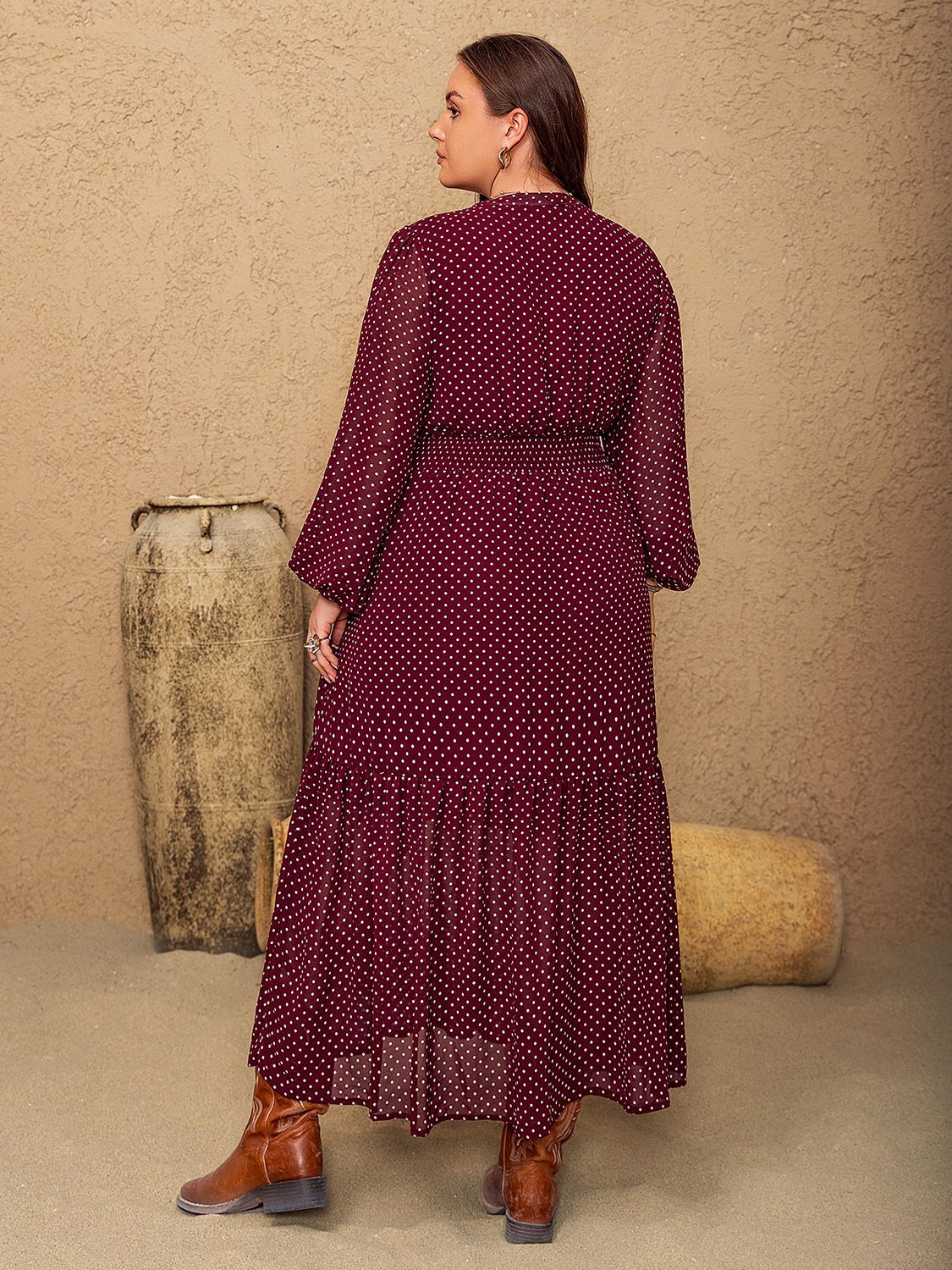 Beach Rose Co. - Plus Size Tassel Tie Neck Long Sleeve Maxi Dress in Burgundy