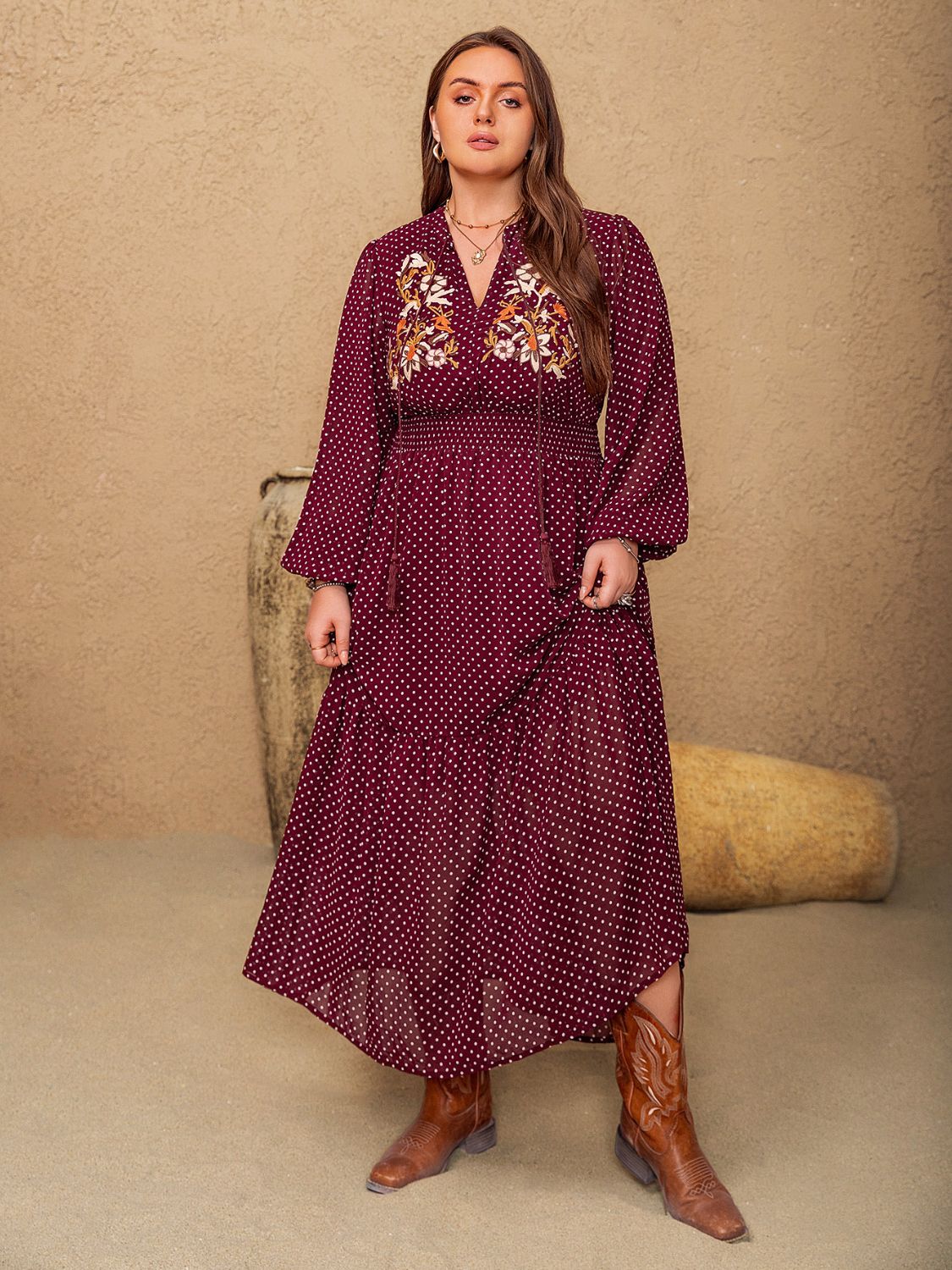 Beach Rose Co. - Plus Size Tassel Tie Neck Long Sleeve Maxi Dress in Burgundy