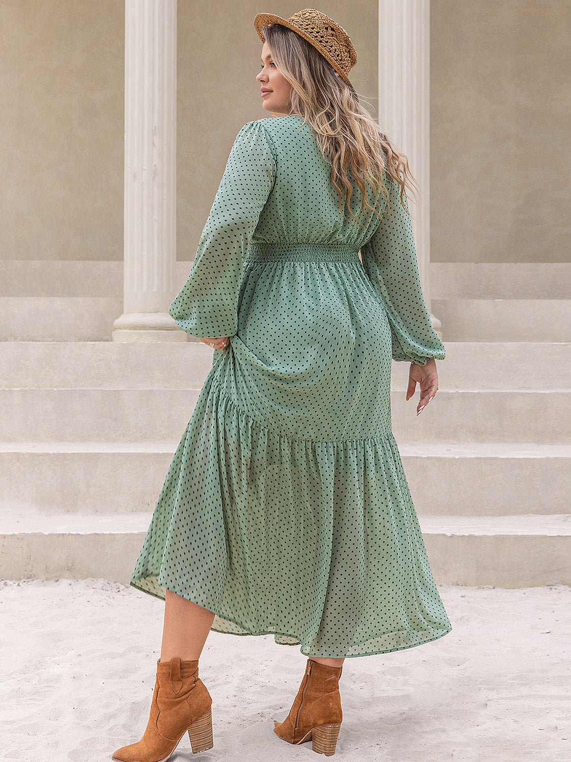 Beach Rose Co. - Plus Size Tassel Tie Neck Long Sleeve Maxi Dress in Gum Leaf