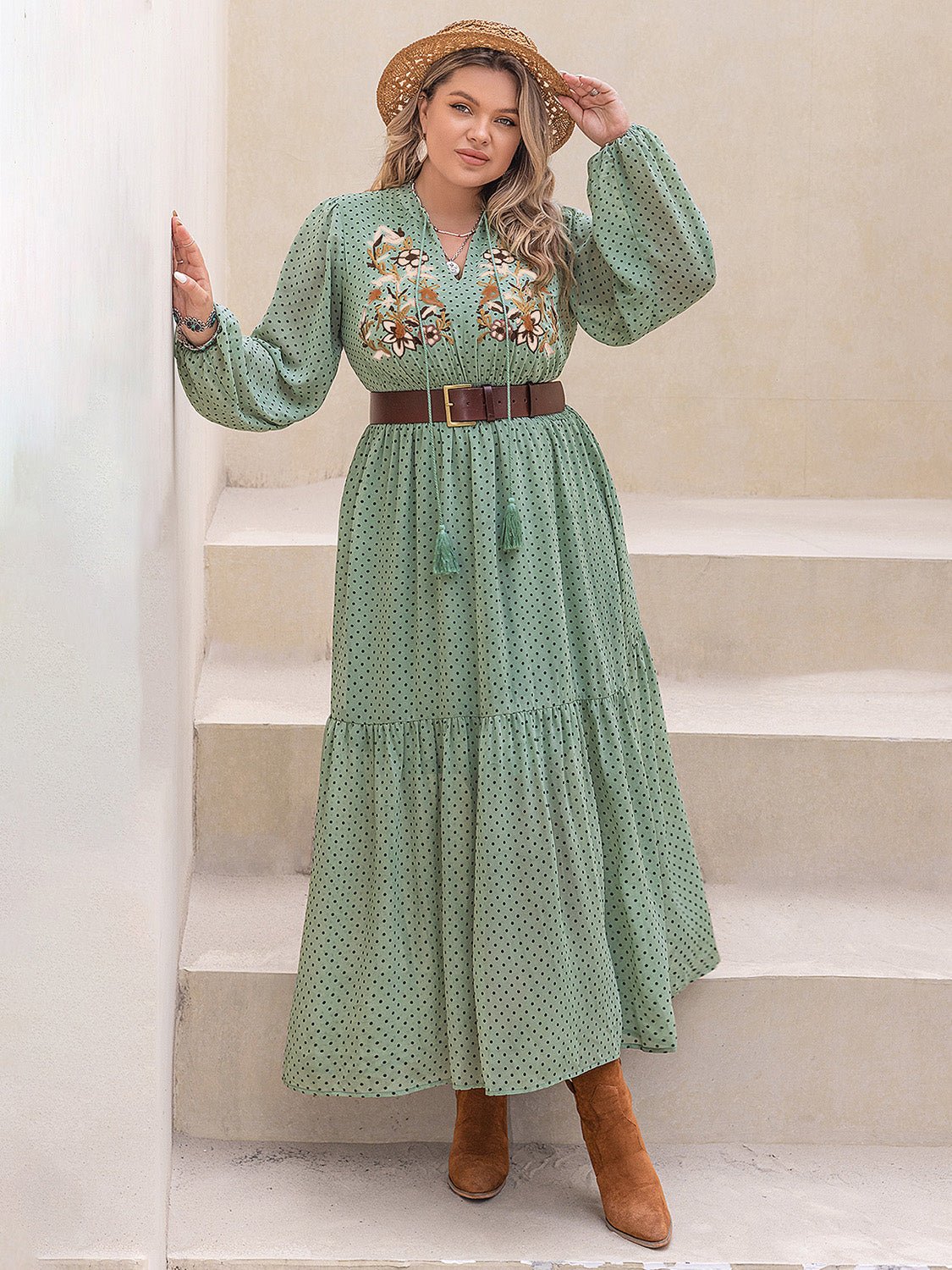 Beach Rose Co. - Plus Size Tassel Tie Neck Long Sleeve Maxi Dress in Gum Leaf