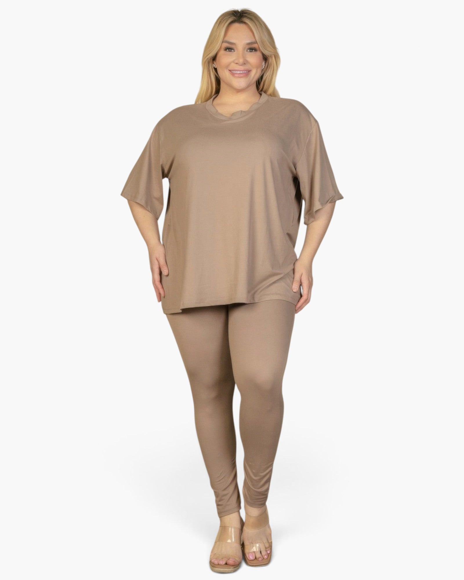 Beach Rose Co. plus size taupe gray oversized t-shirt and leggings lounge set worn by a blonde model