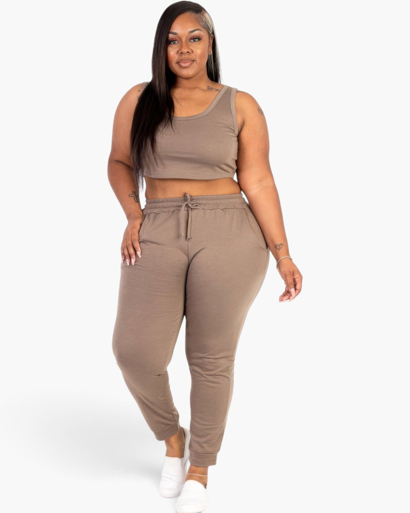Beach Rose Co. plus size taupe French terry cropped tank top and jogger set worn by a model on a white background.