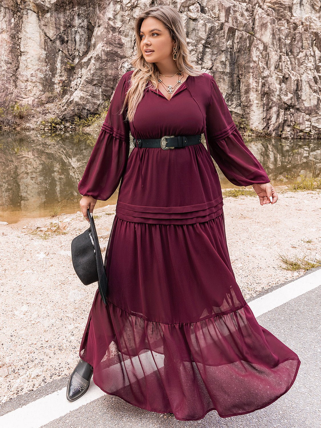 Beach Rose Co. - Plus Size Tie Neck Balloon Sleeve Tiered Maxi Dress in Wine