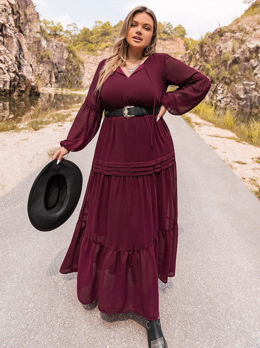 Beach Rose Co. - Plus Size Tie Neck Balloon Sleeve Tiered Maxi Dress in Wine