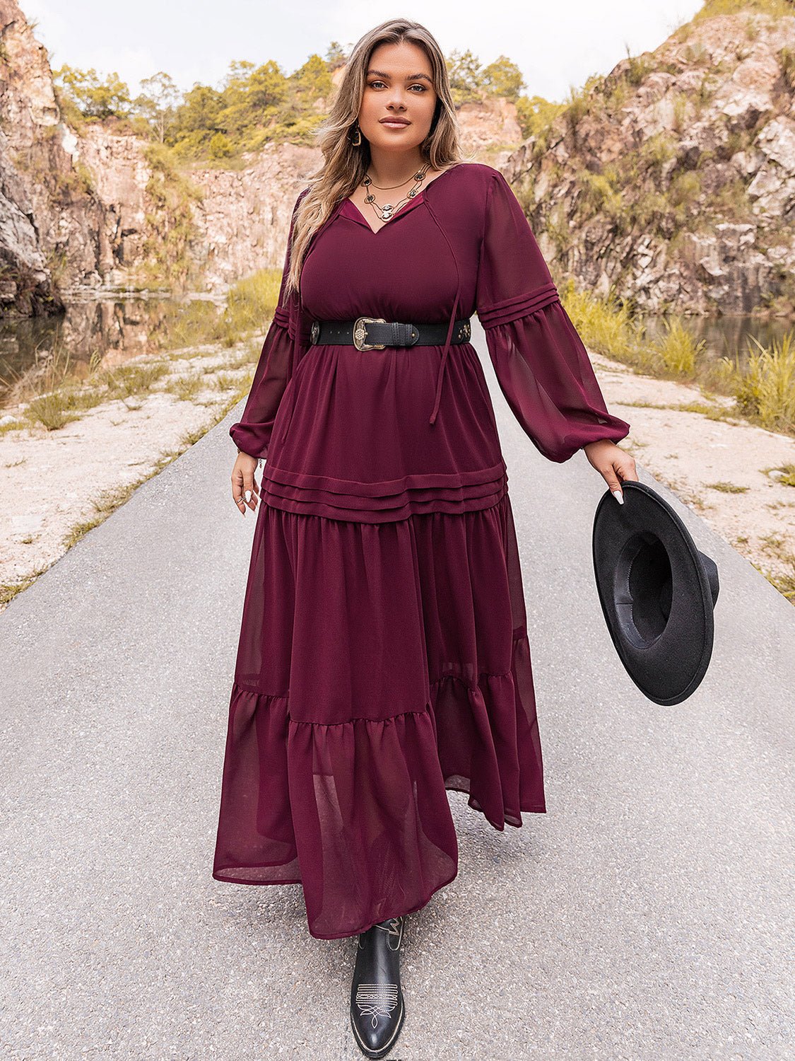 Beach Rose Co. - Plus Size Tie Neck Balloon Sleeve Tiered Maxi Dress in Wine