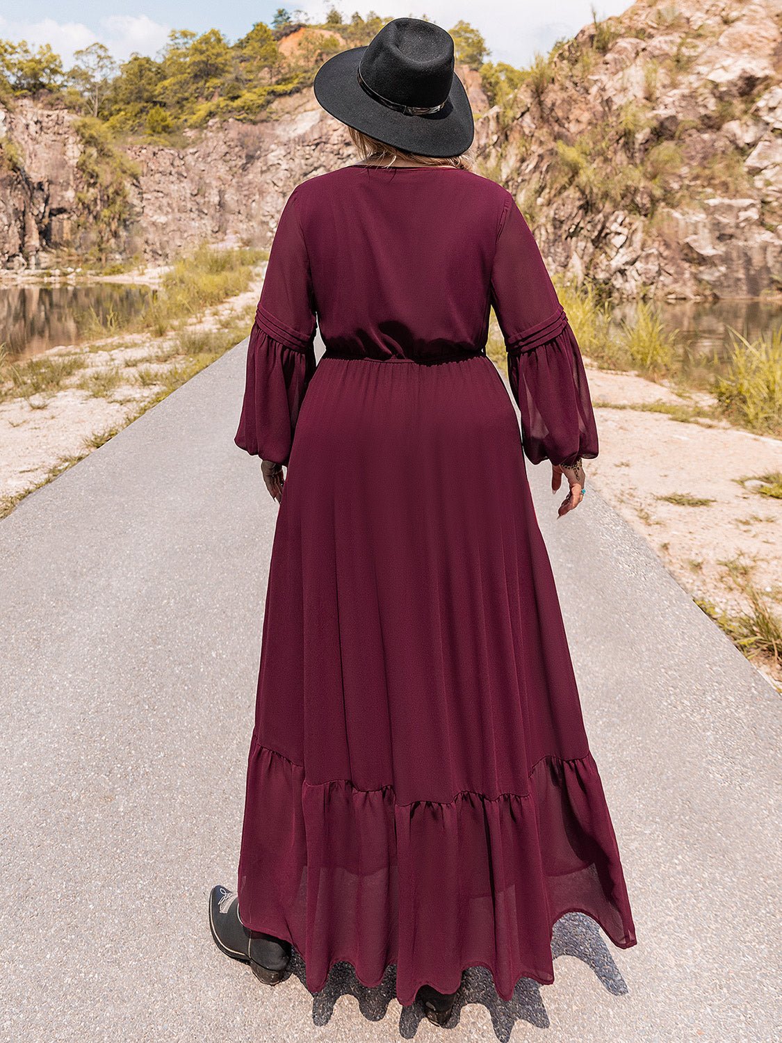 Beach Rose Co. - Plus Size Tie Neck Balloon Sleeve Tiered Maxi Dress in Wine