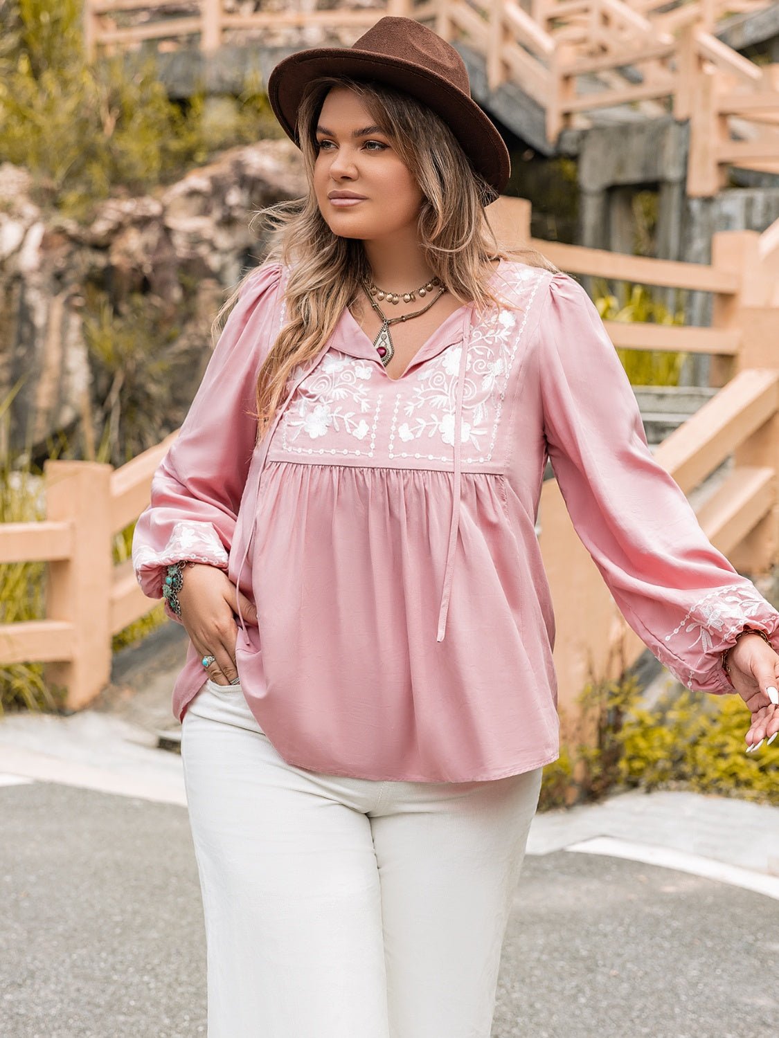 Beach Rose Co. - Plus Size Tie Neck Puff Sleeve Blouse in Carnation Pink