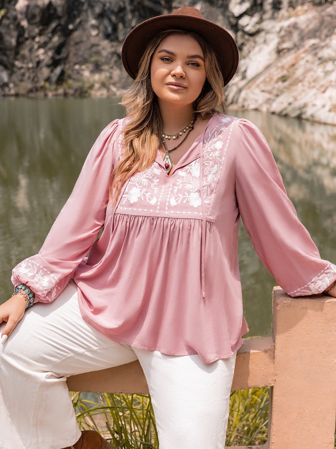 Beach Rose Co. - Plus Size Tie Neck Puff Sleeve Blouse in Carnation Pink