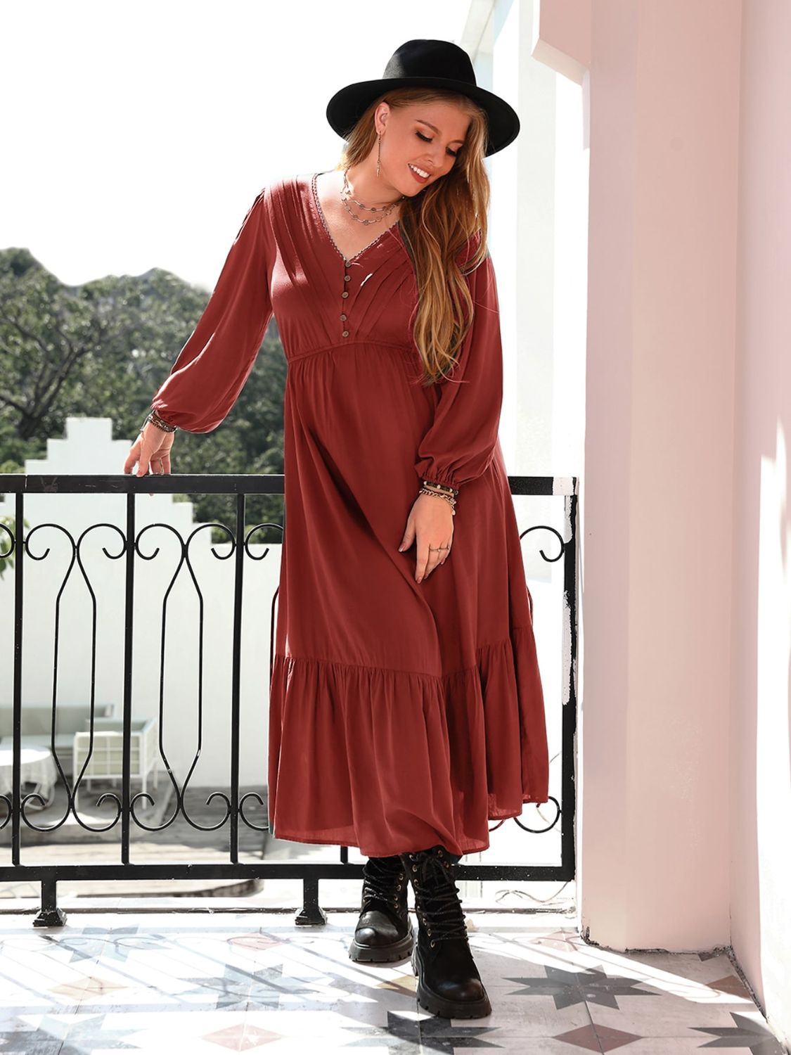 Beach Rose Co. - Plus Size V - Neck Long Sleeve Midi Dress in Rust