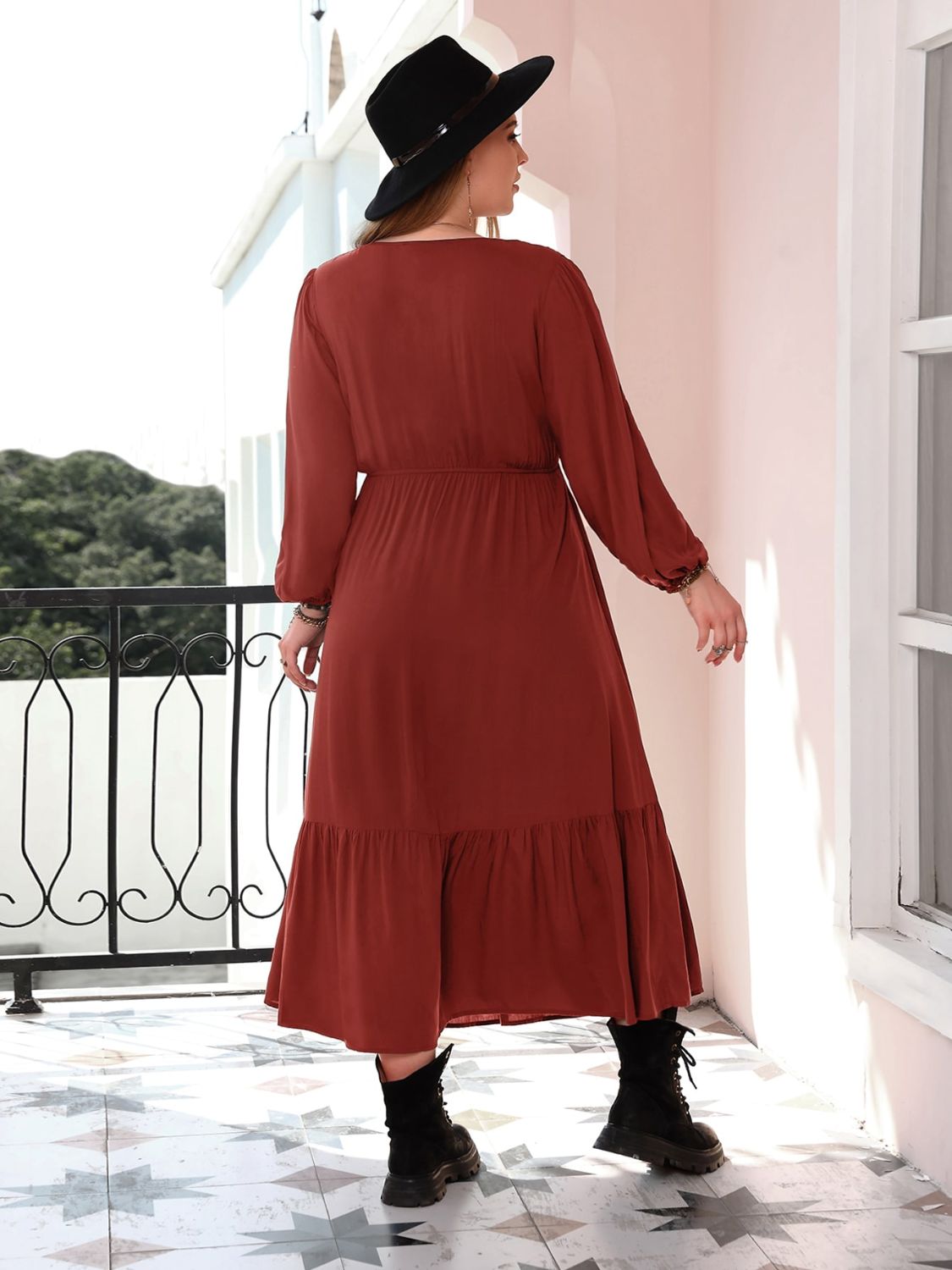 Beach Rose Co. - Plus Size V - Neck Long Sleeve Midi Dress in Rust