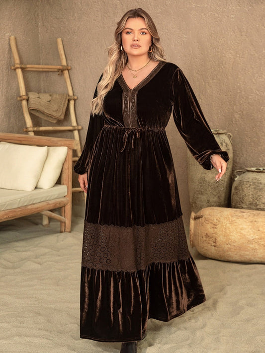 Beach Rose Co. - Plus Size V - Neck Long Sleeve Velvet Maxi Dress in Chocolate