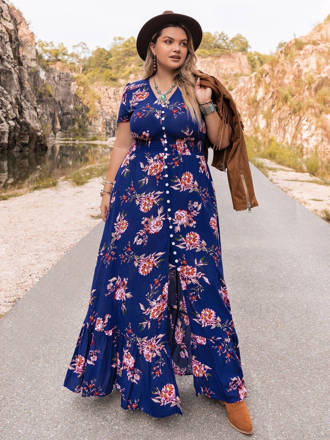 Beach Rose Co. - Plus Size V - Neck Maxi Dress in Dark Blue