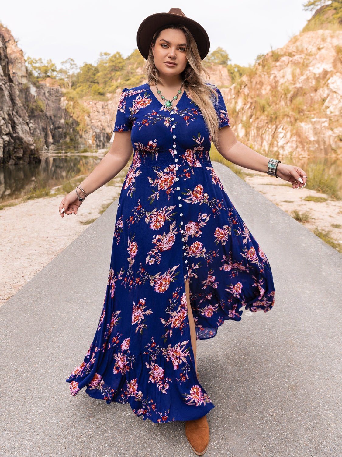 Beach Rose Co. - Plus Size V - Neck Maxi Dress in Dark Blue