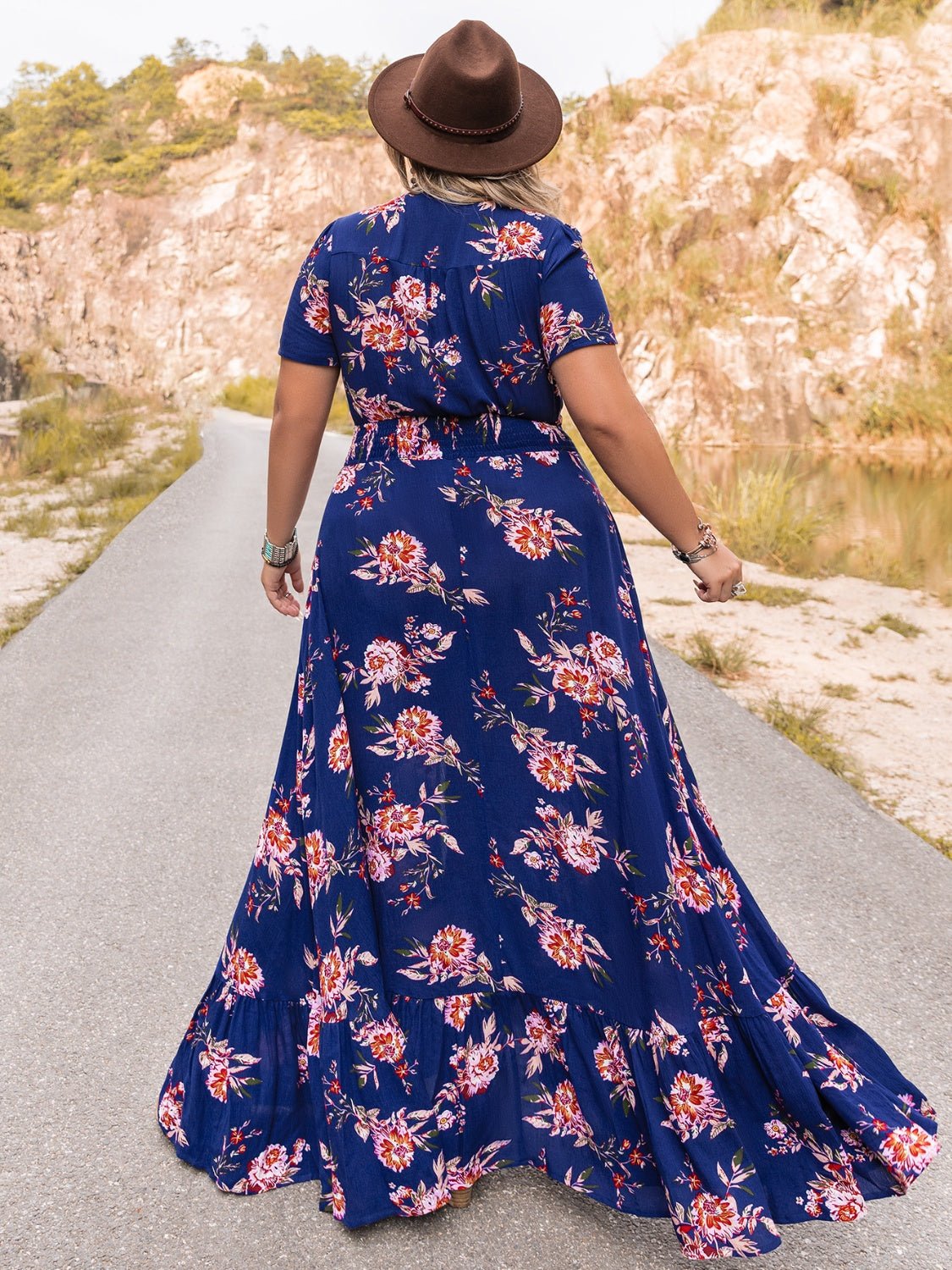 Beach Rose Co. - Plus Size V - Neck Maxi Dress in Dark Blue