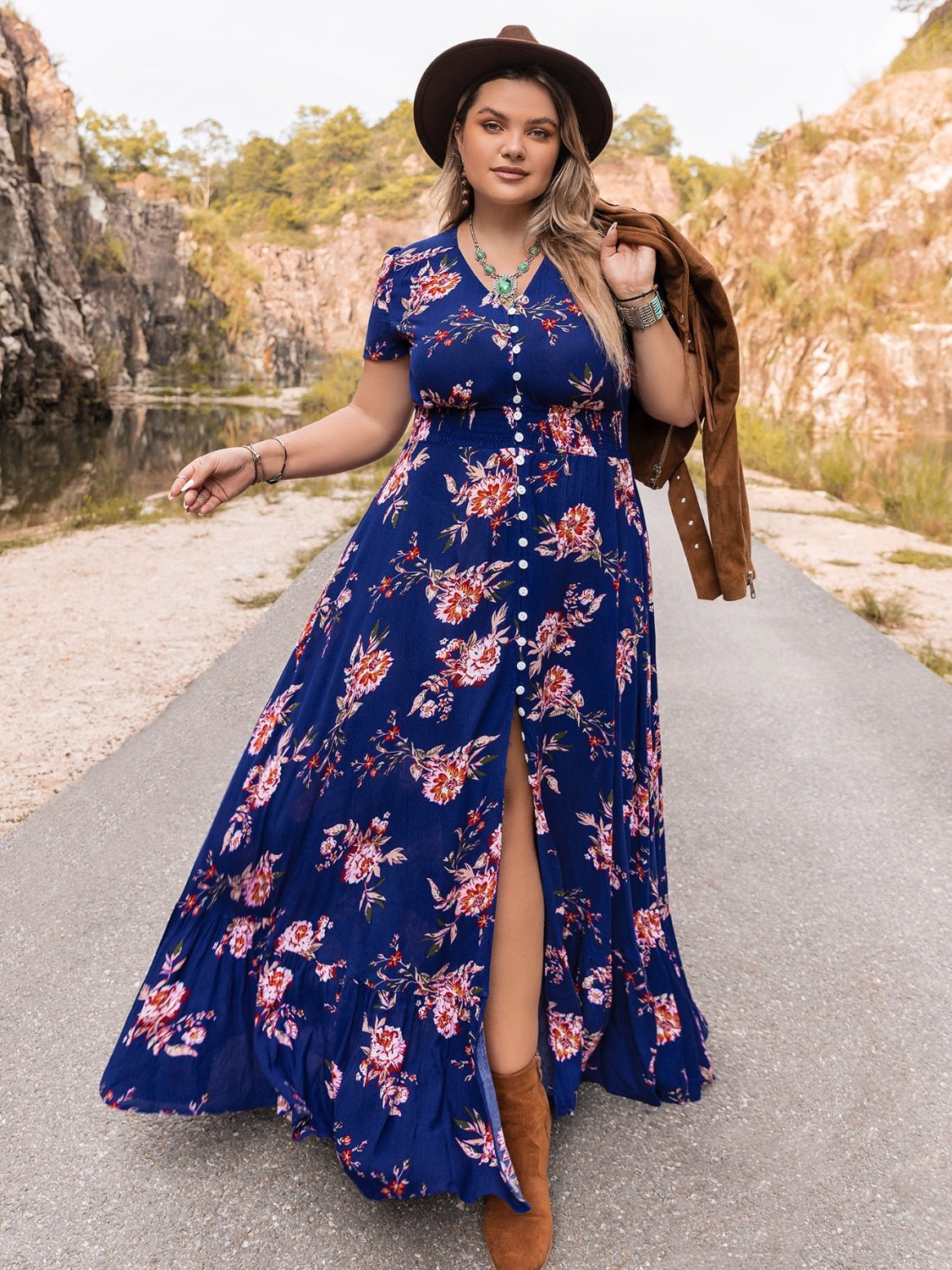 Beach Rose Co. - Plus Size V - Neck Maxi Dress in Dark Blue