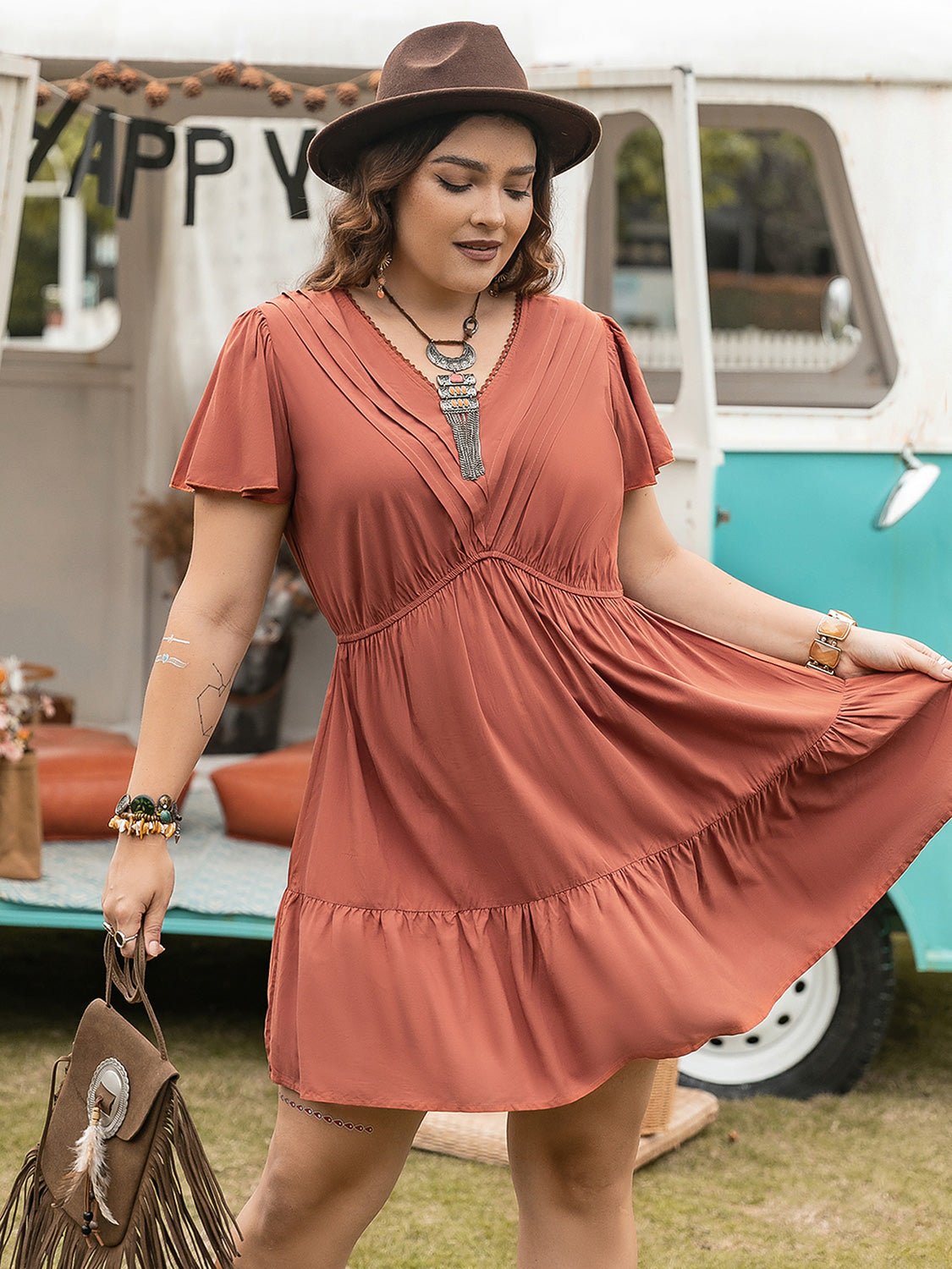 Beach Rose Co. - Plus Size V - Neck Short Sleeve Mini Dress