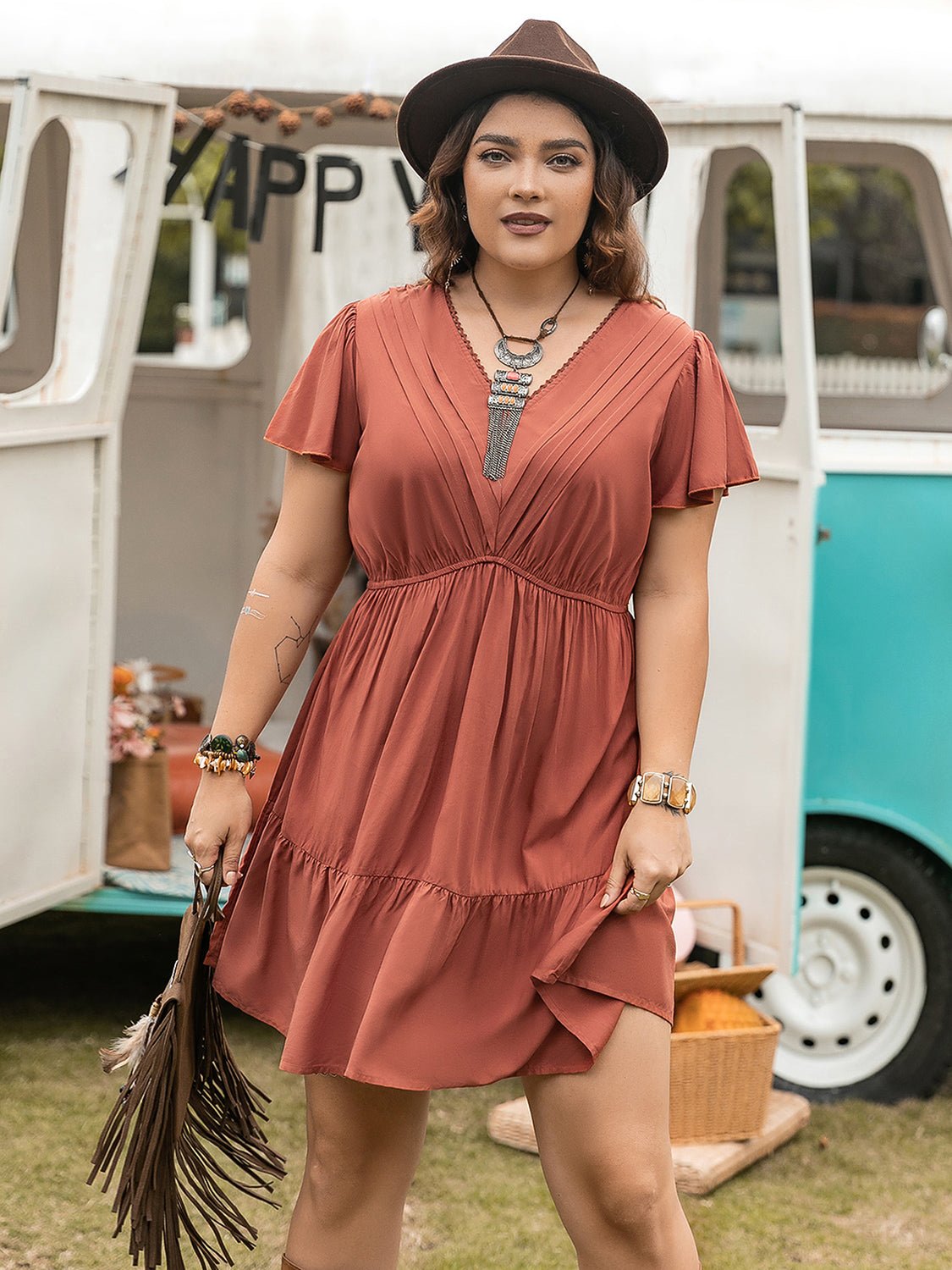 Beach Rose Co. - Plus Size V - Neck Short Sleeve Mini Dress