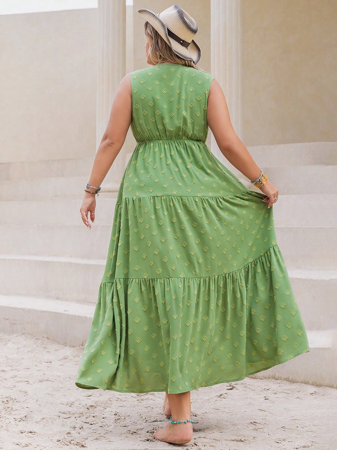 Beach Rose Co. - Plus Size V - Neck Sleeveless Tiered Maxi Dress in Gum Leaf