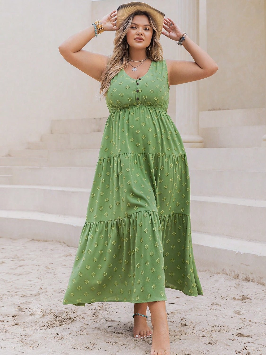 Beach Rose Co. - Plus Size V - Neck Sleeveless Tiered Maxi Dress in Gum Leaf