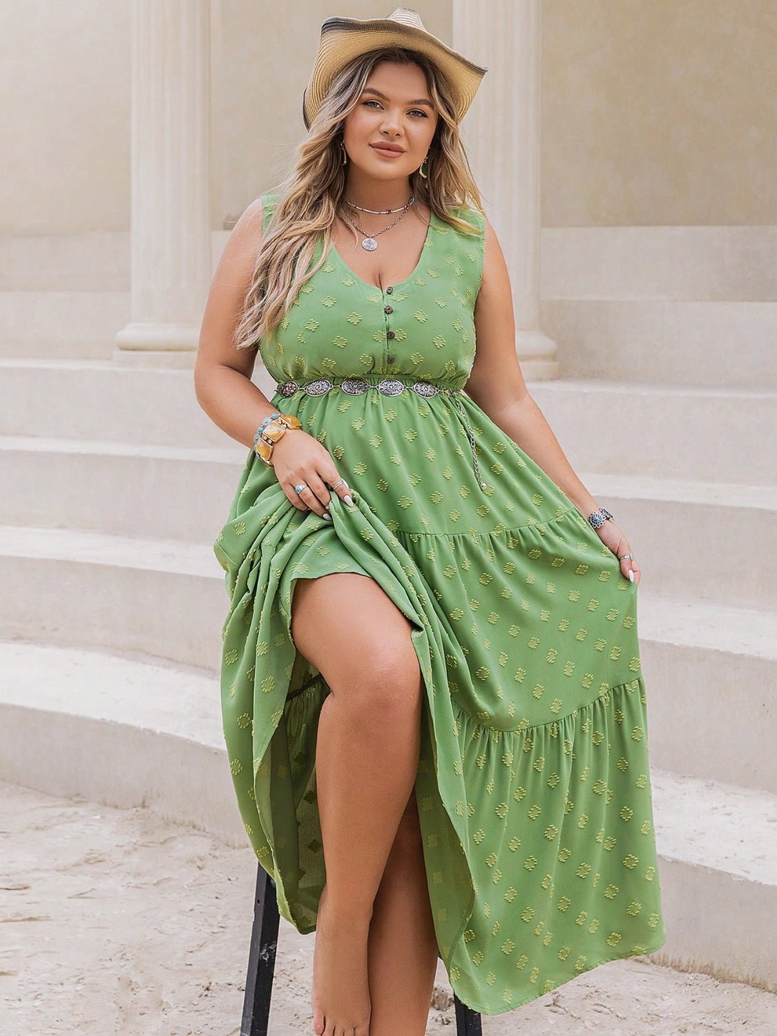 Beach Rose Co. - Plus Size V - Neck Sleeveless Tiered Maxi Dress in Gum Leaf