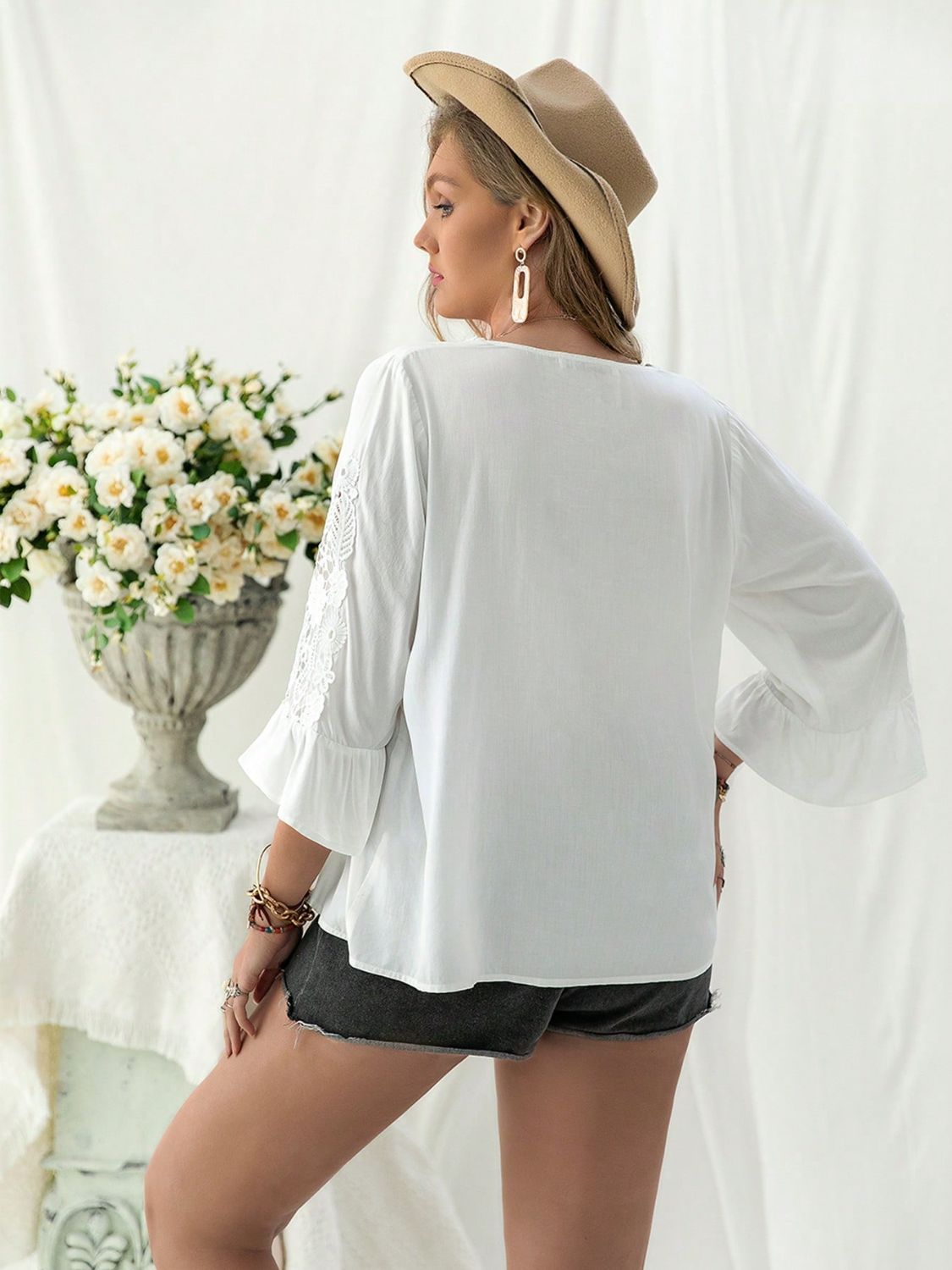 Beach Rose Co. - Plus Size White Lace Detail Flounce Sleeve Blouse