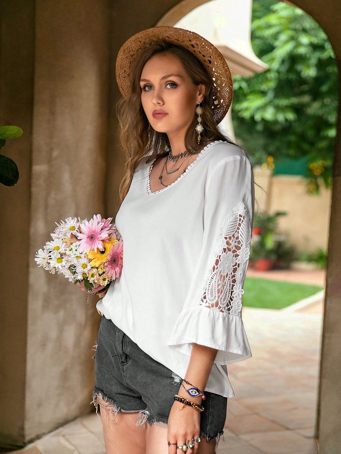 Beach Rose Co. - Plus Size White Lace Detail Flounce Sleeve Blouse