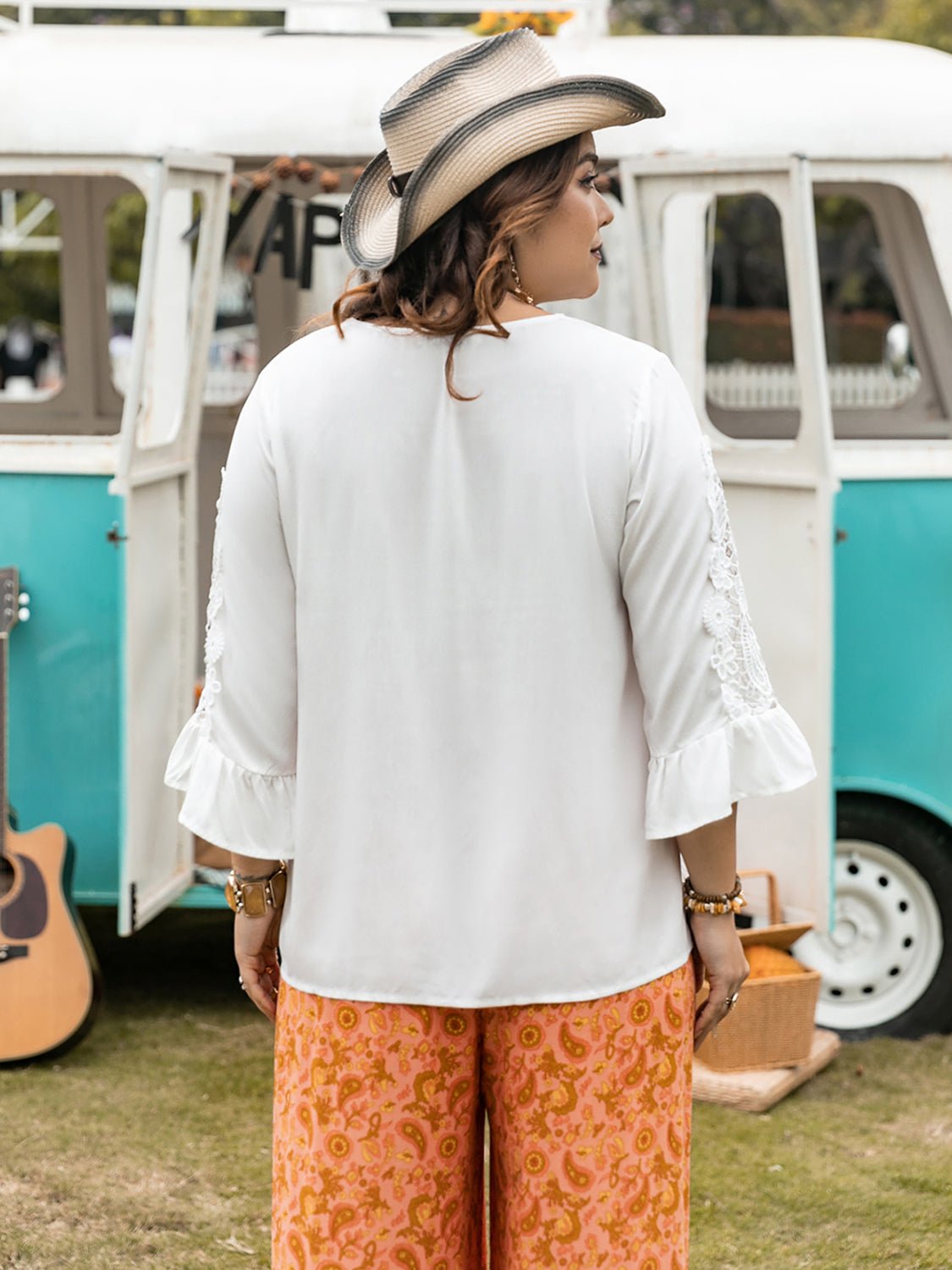 Beach Rose Co. - Plus Size White Lace Detail Flounce Sleeve Blouse