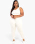Beach Rose Co. plus size white French terry cropped tank top and jogger set worn by a model against a white background