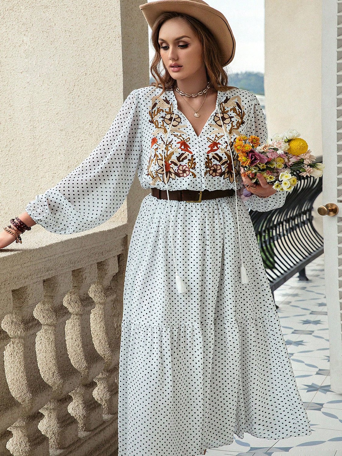 Beach Rose Co. - Plus Size White Tassel Tie Neck Long Sleeve Maxi Dress