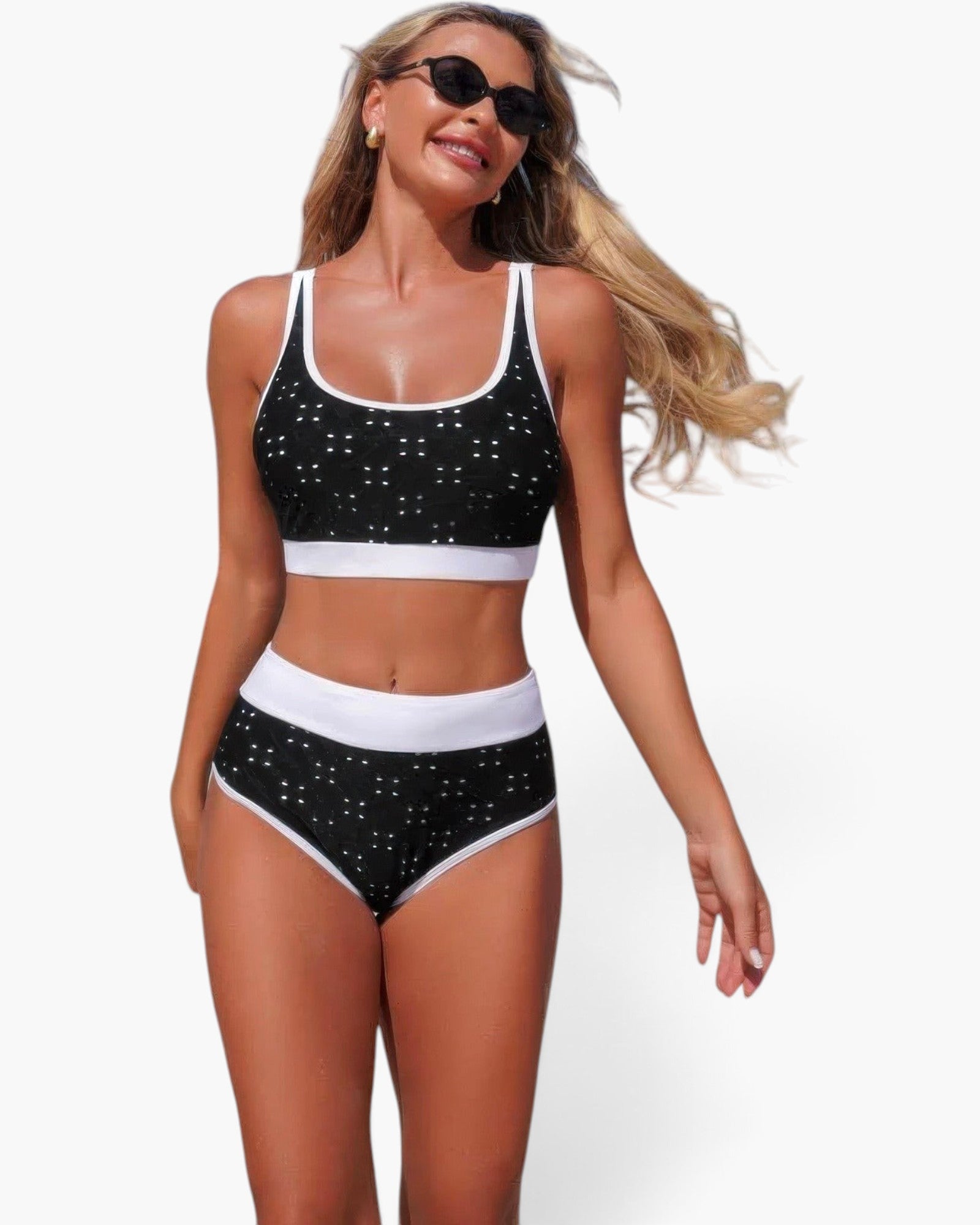 Beach Rose Co. black and white polka-dot bikini set with contrast trim, scoop neck top, and high-waisted bottoms.