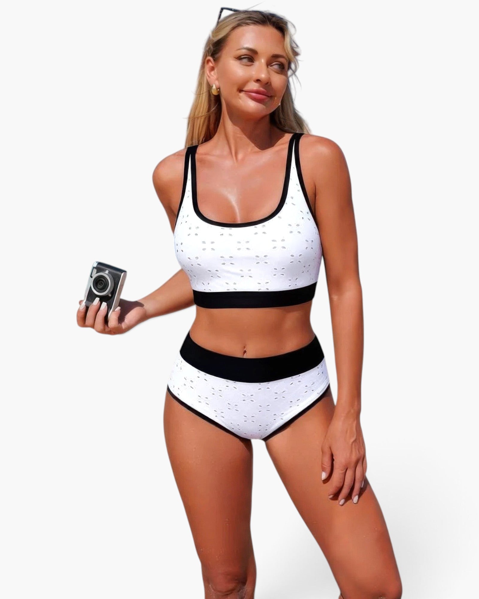 Beach Rose Co. white polka-dot bikini set with black contrast trim, scoop-neck top, and high-waisted bottoms.