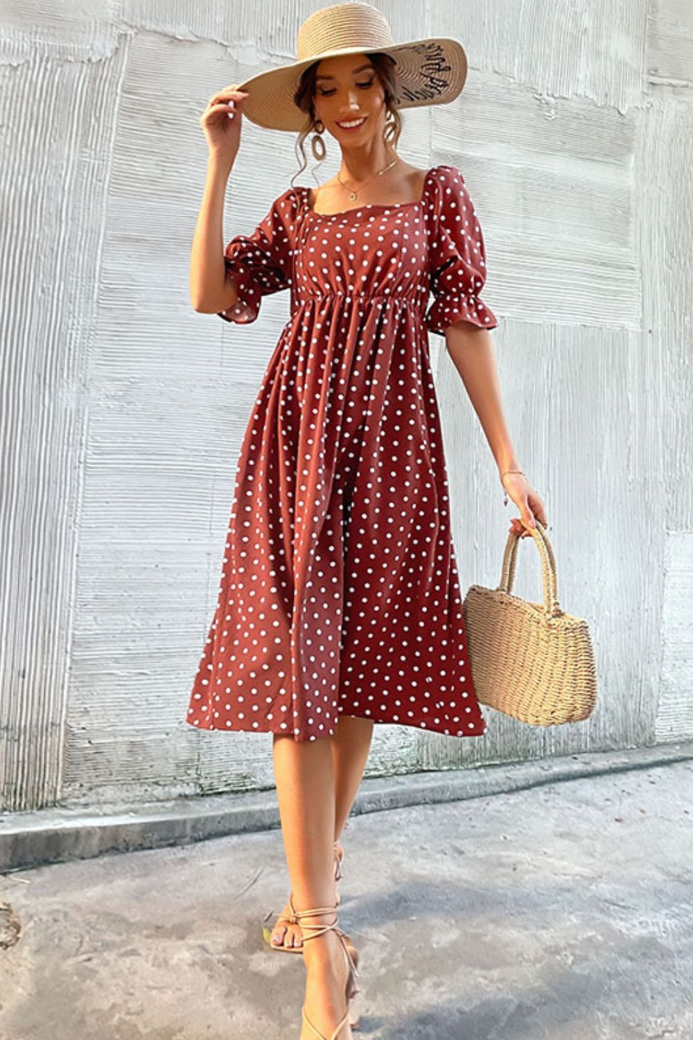 Beach Rose Co. - Polka Dot Empire Waist Midi Dress in Rust