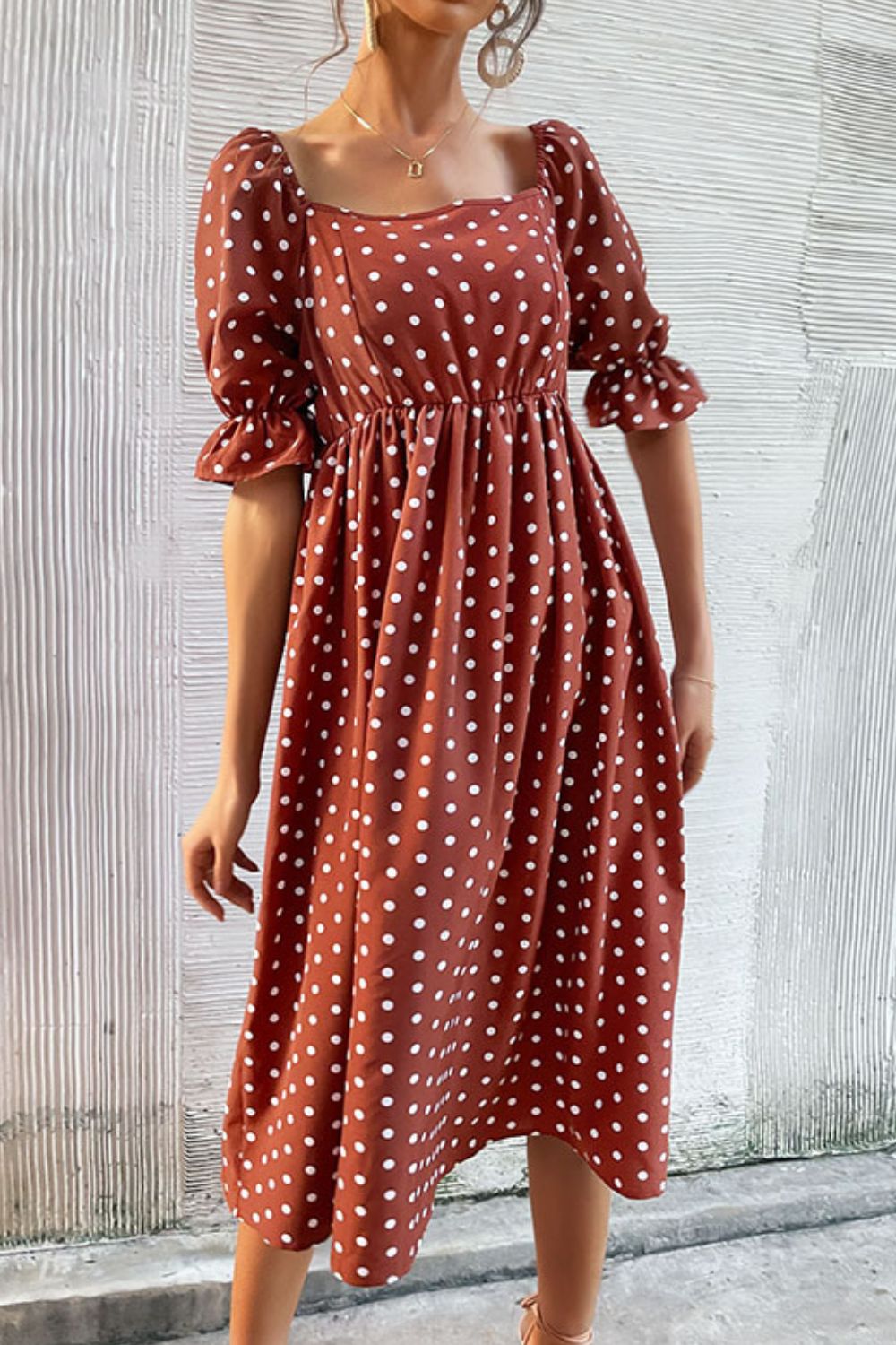 Beach Rose Co. - Polka Dot Empire Waist Midi Dress in Rust