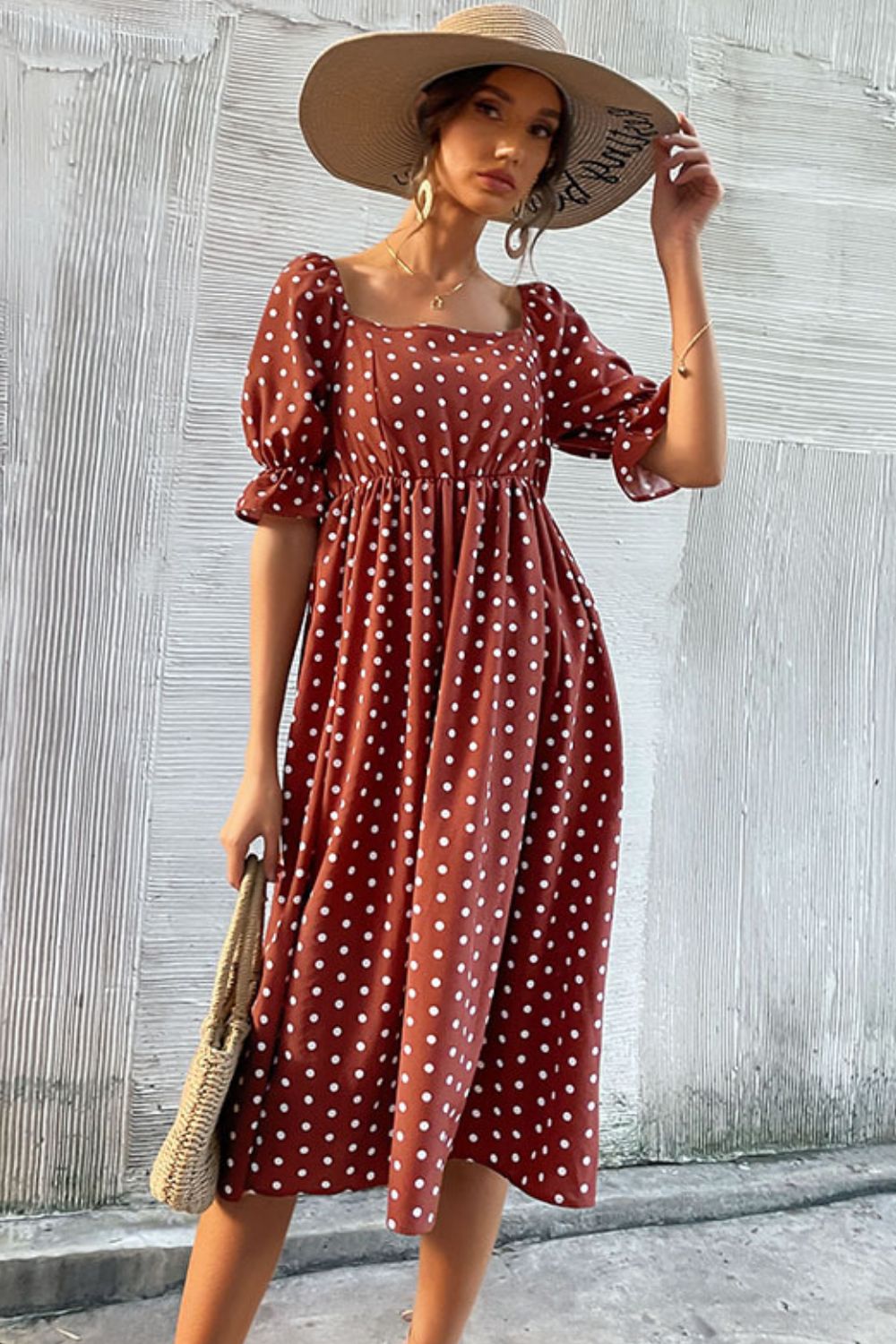 Beach Rose Co. - Polka Dot Empire Waist Midi Dress in Rust