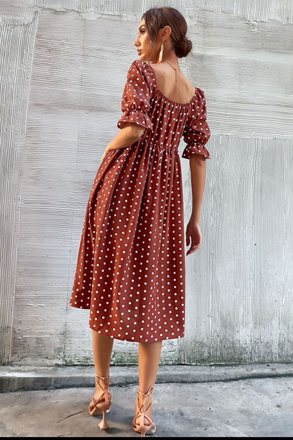 Beach Rose Co. - Polka Dot Empire Waist Midi Dress in Rust