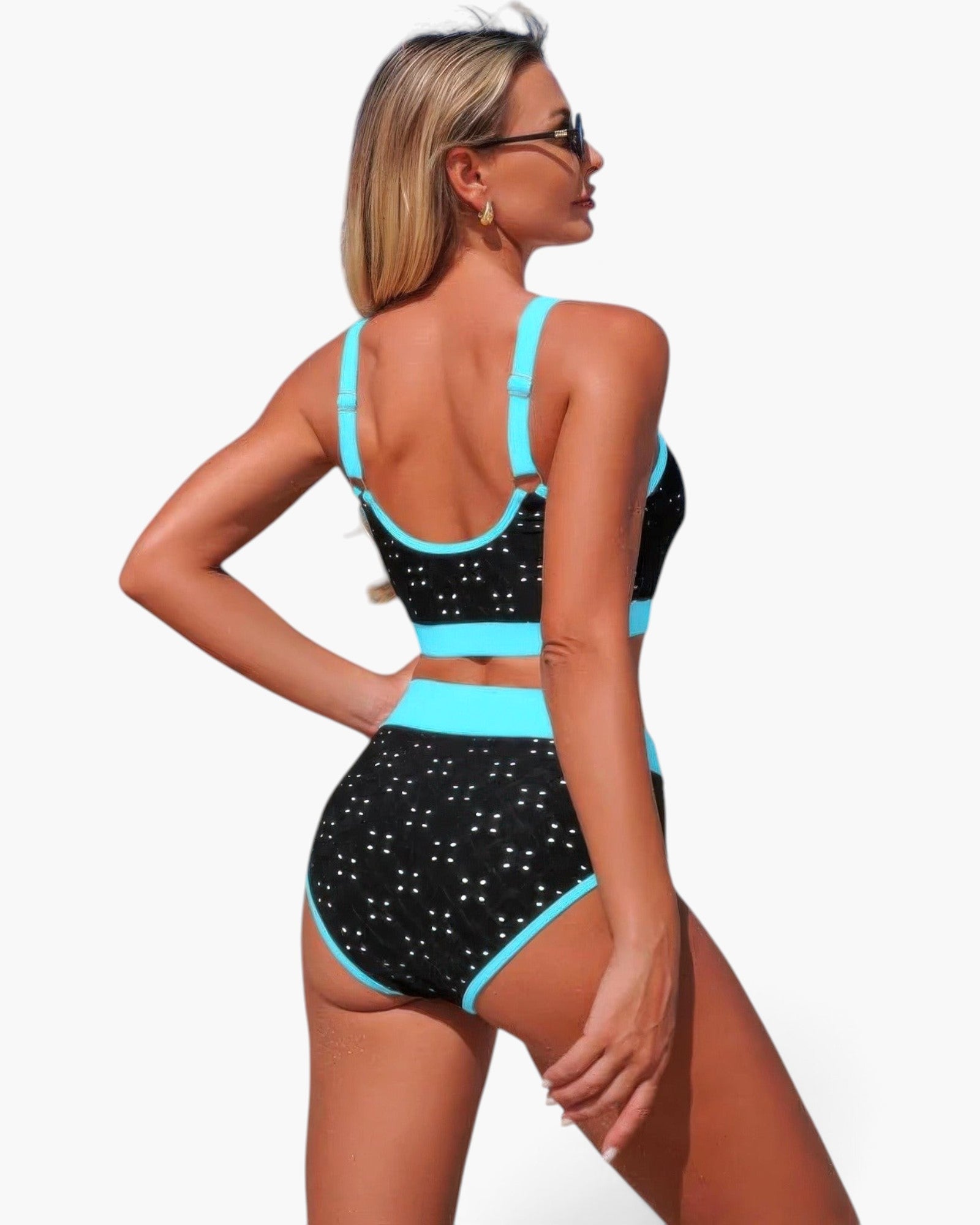 Beach Rose Co. black polka-dot high-waisted bikini set with bright blue contrast trim and adjustable straps