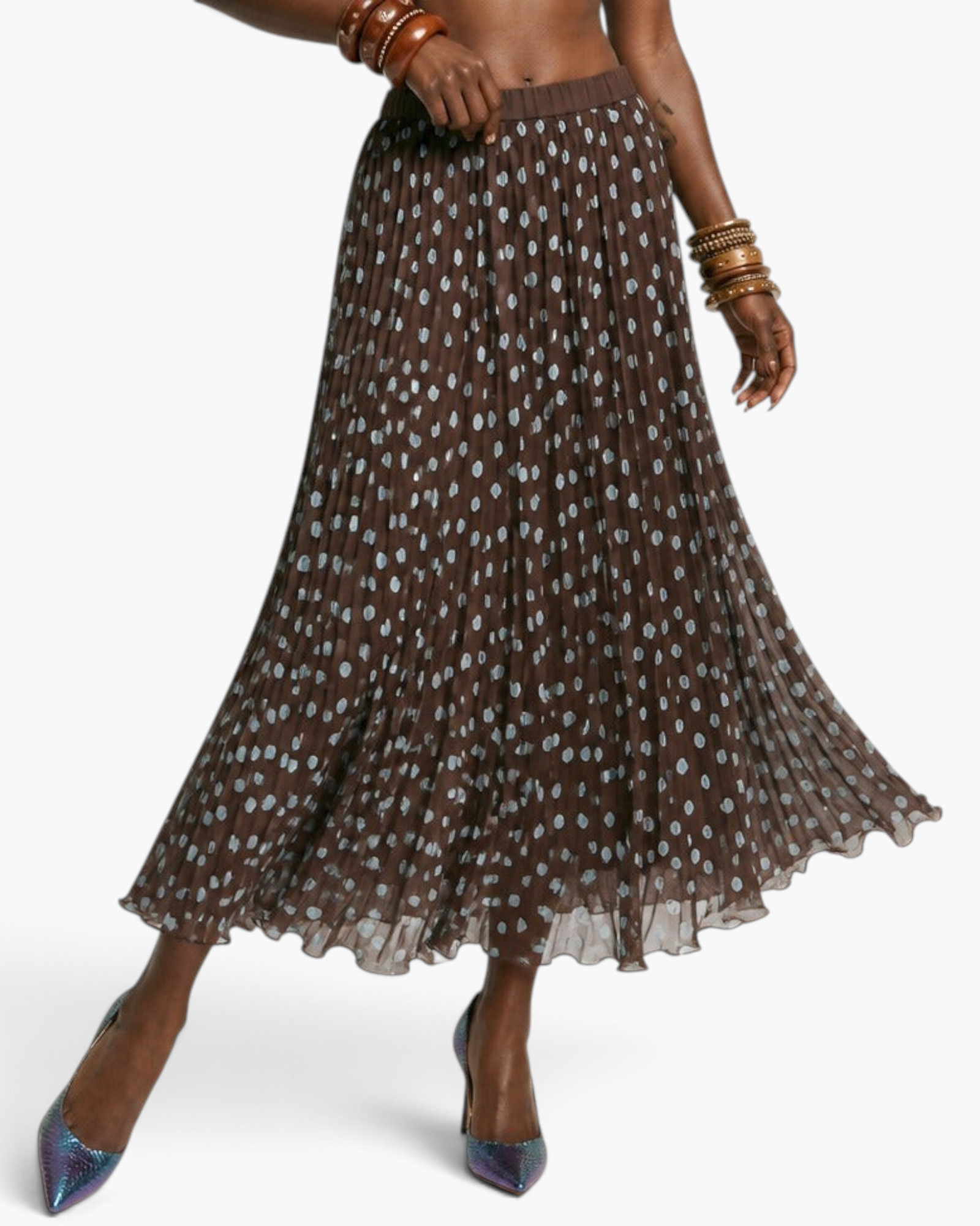 Beach Rose Co. brown polka dot pleated maxi skirt with an elastic waistband in a lightweight flowing fabric