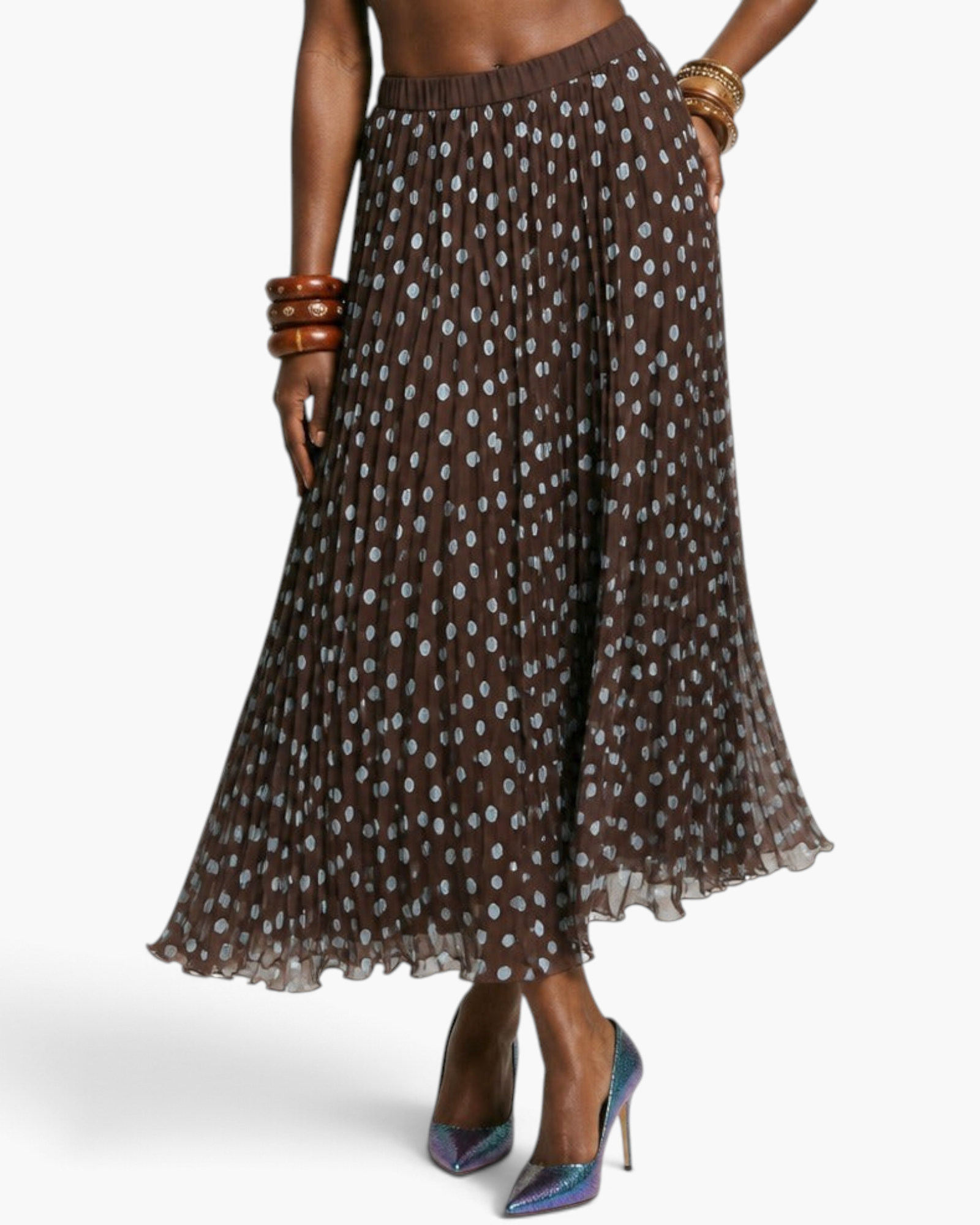 Beach Rose Co. brown maxi skirt with light blue polka dots, featuring fine pleats and a comfortable elastic waistband.