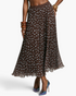 Beach Rose Co. brown maxi skirt with light blue polka dots, featuring fine pleats and a comfortable elastic waistband.