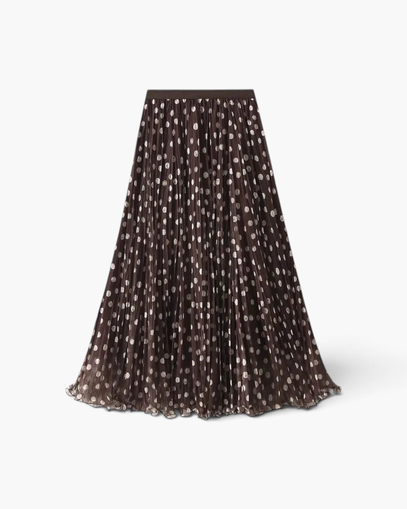 Beach Rose Co. brown maxi skirt featuring a playful white polka dot pattern, fine pleats, and an elastic waistband.