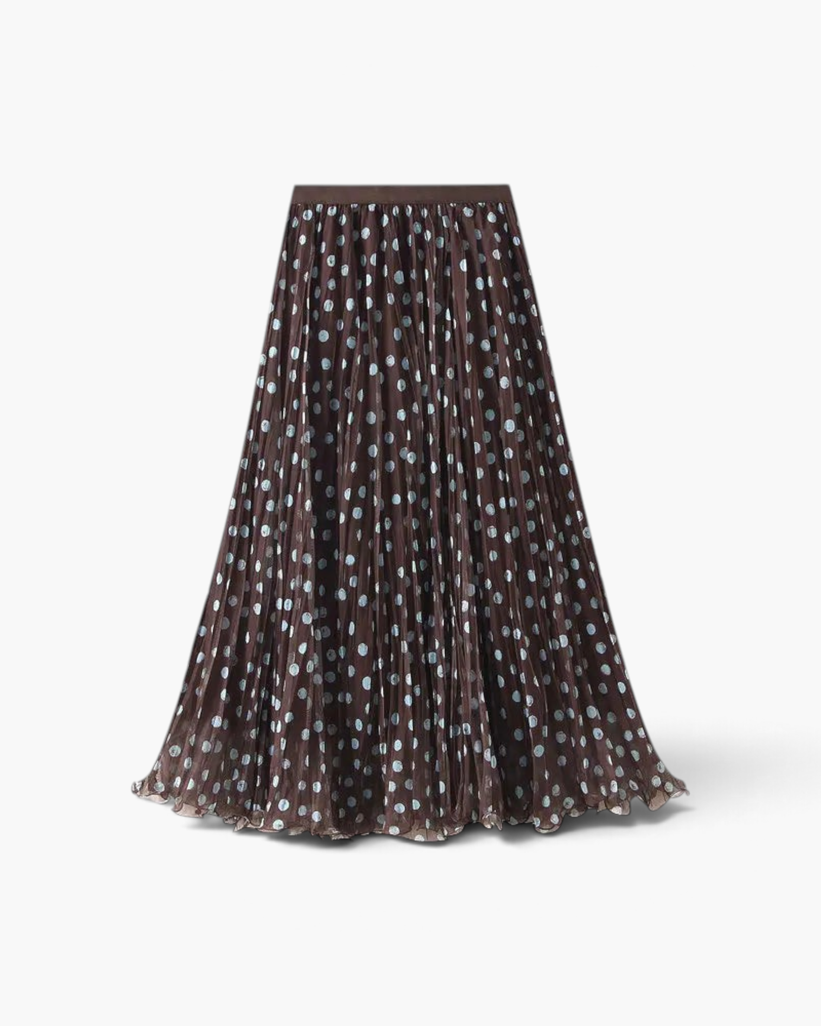 Beach Rose Co. brown maxi skirt with light blue polka dots, featuring fine pleats and a comfortable elastic waistband.