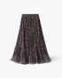 Beach Rose Co. brown maxi skirt with light blue polka dots, featuring fine pleats and a comfortable elastic waistband.