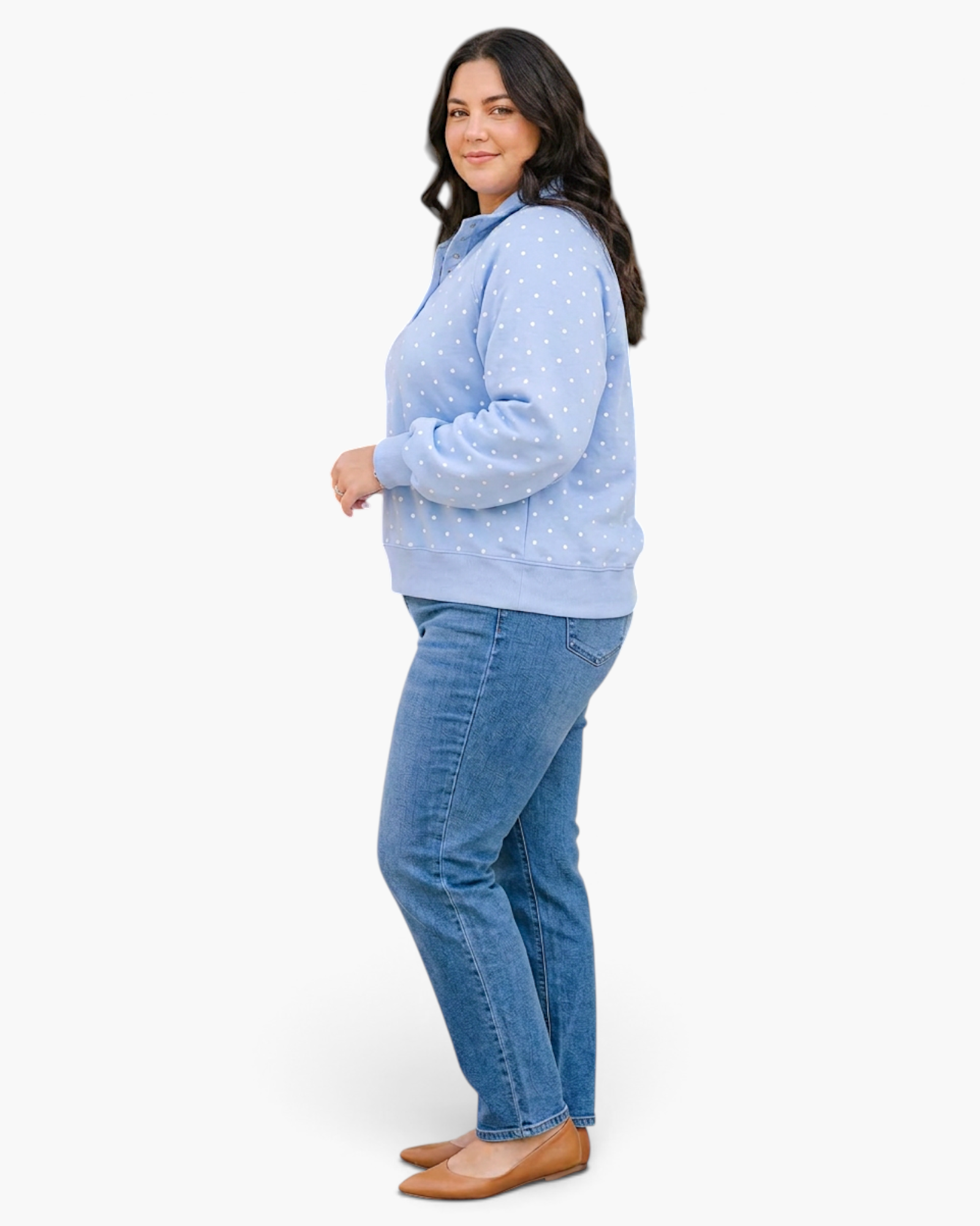 Beach Rose Co. plus-size light blue polyester pullover with white polka dots, snap-button neckline, and stand collar.