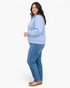 Beach Rose Co. plus-size light blue polyester pullover with white polka dots, snap-button neckline, and stand collar.