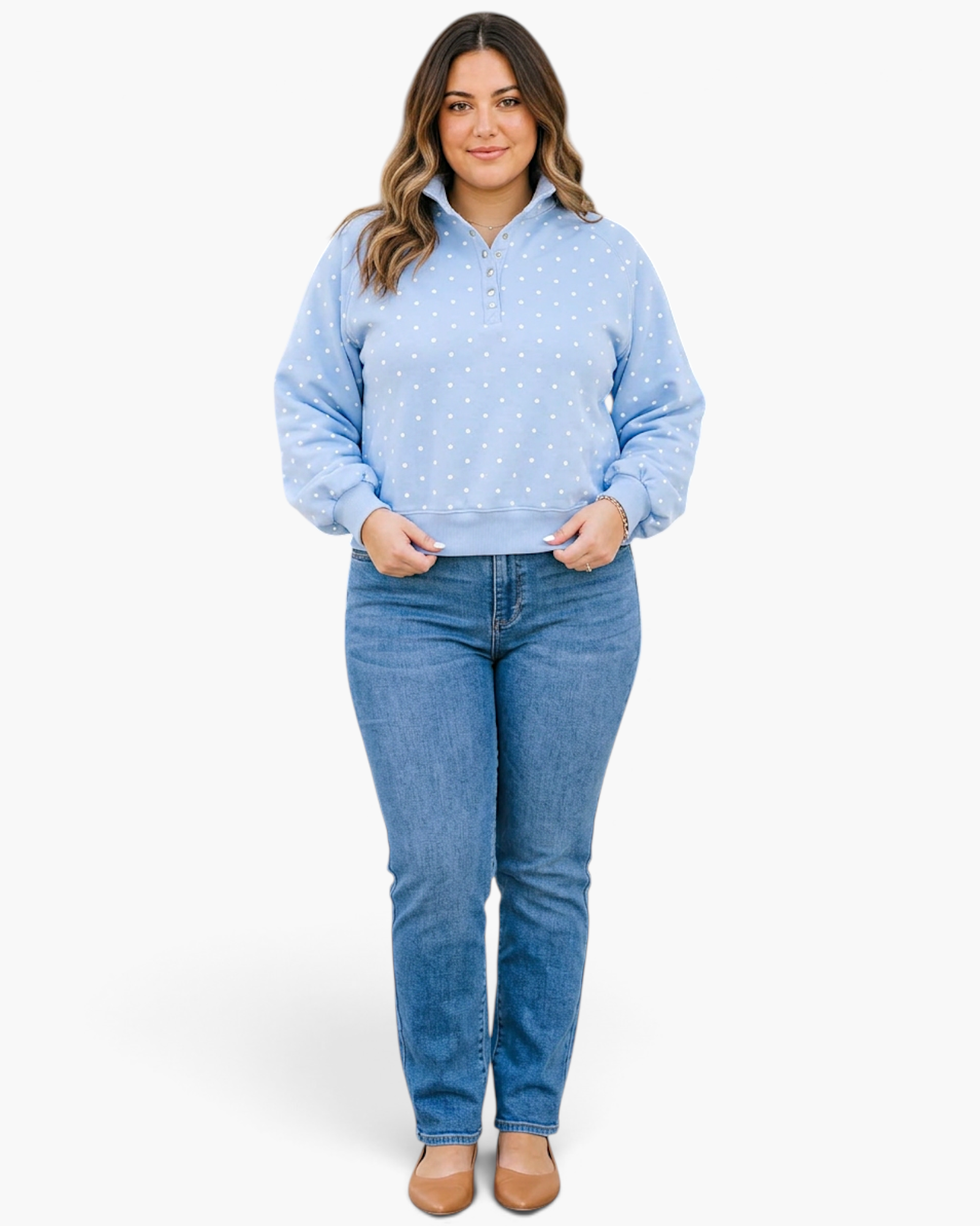 Beach Rose Co. plus-size light blue pullover with white polka dots, snap-button neckline, and stand collar.