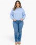 Beach Rose Co. plus-size light blue pullover with white polka dots, snap-button neckline, and stand collar.