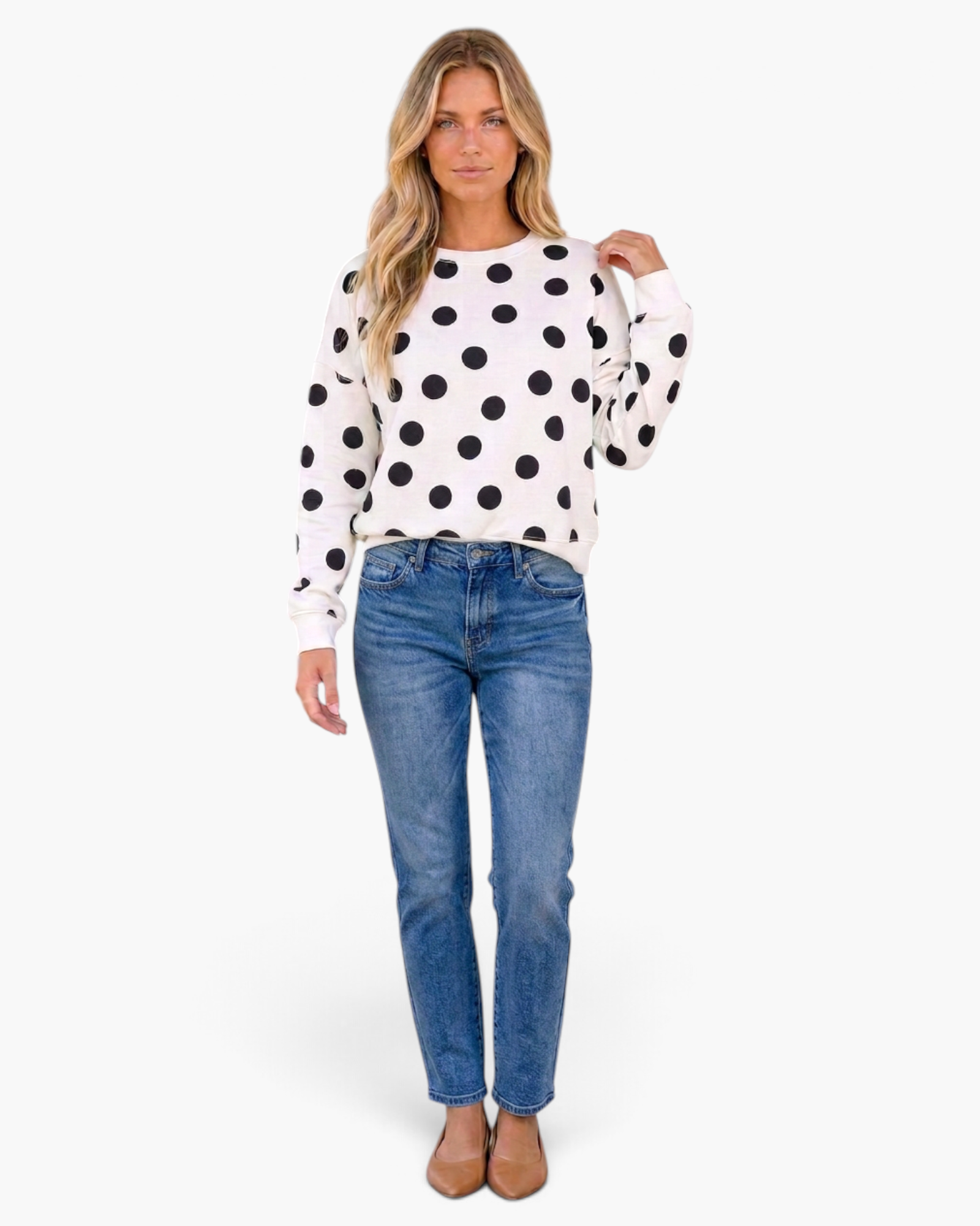 Beach Rose Co. ivory sweatshirt with oversized black polka dots, crew neck, and dropped shoulders worn by a model.