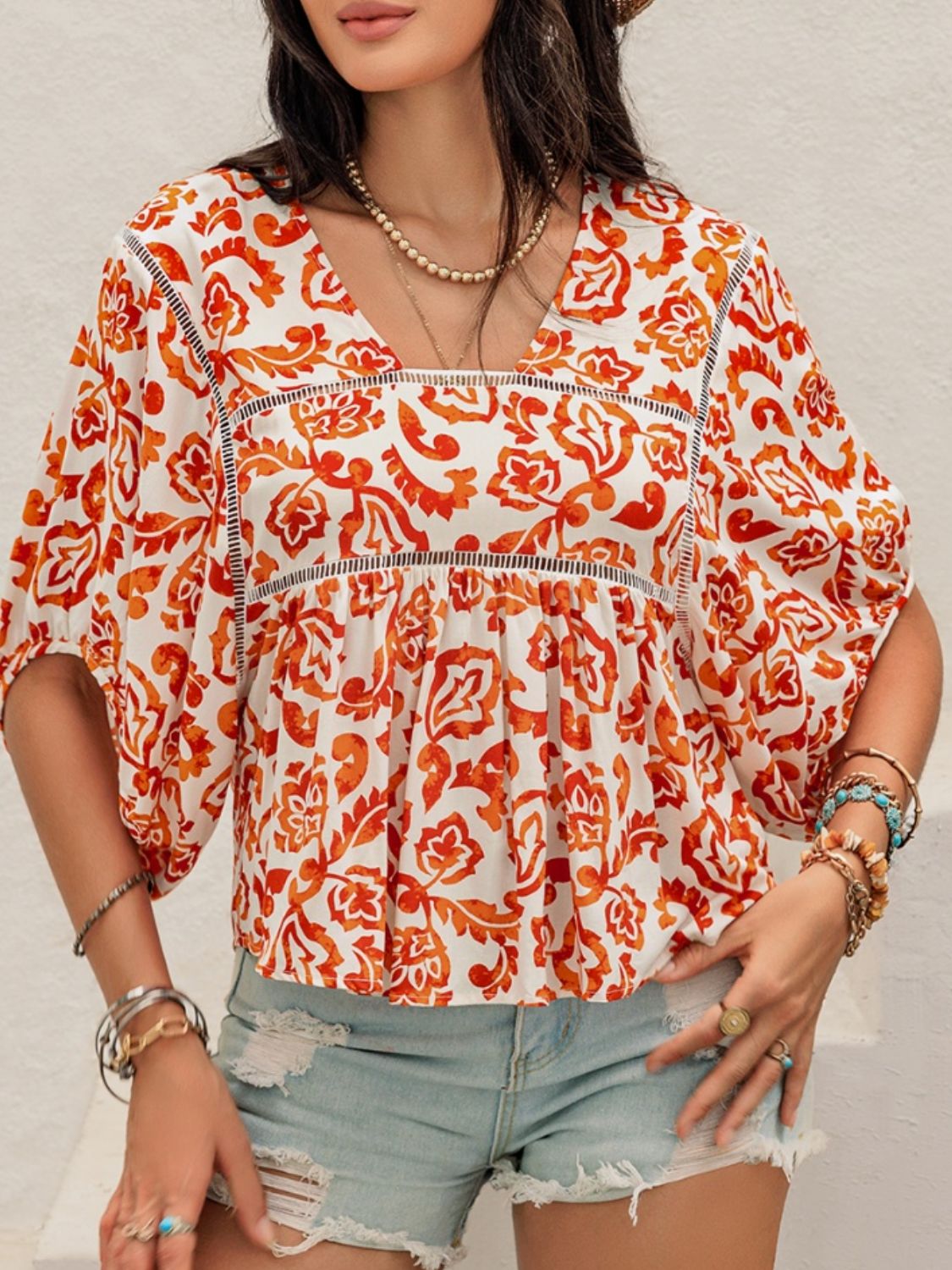 Beach Rose Co. - Printed Half Sleeve Babydoll Blouse in Orange