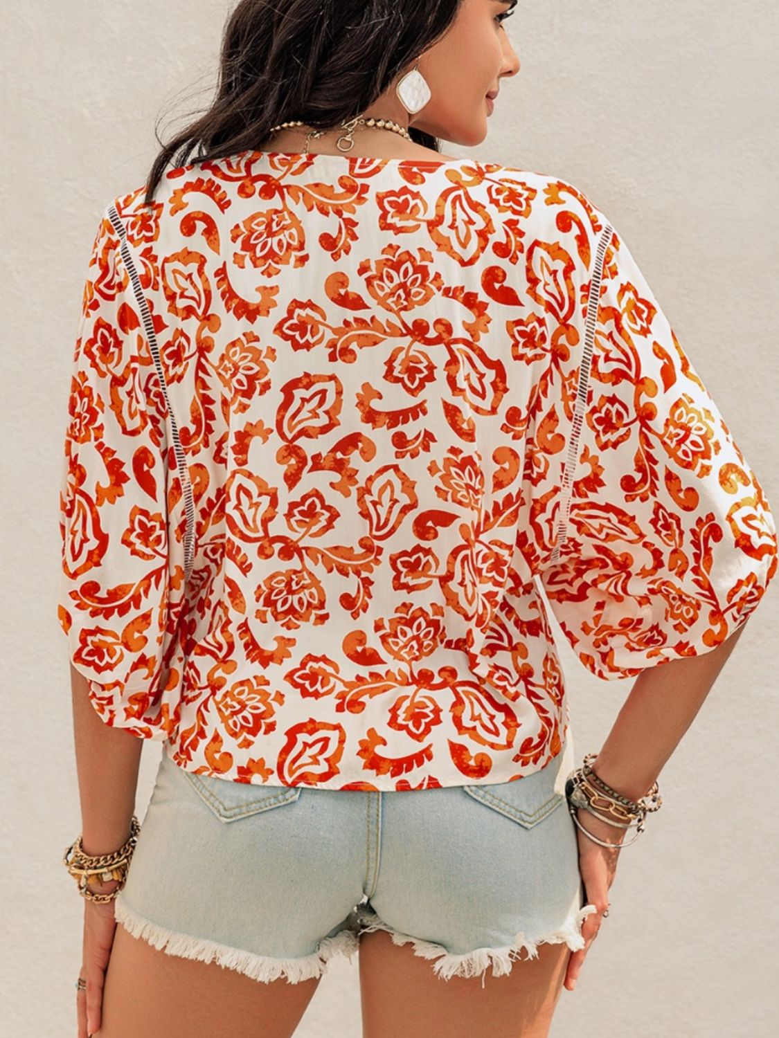 Beach Rose Co. - Printed Half Sleeve Babydoll Blouse in Orange